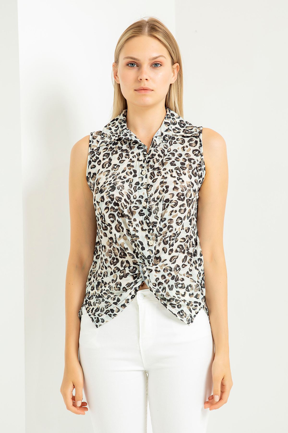 Jessica Fabric Sleeveless Shirt Collar Leopard Print Blouse - Chanterelle 