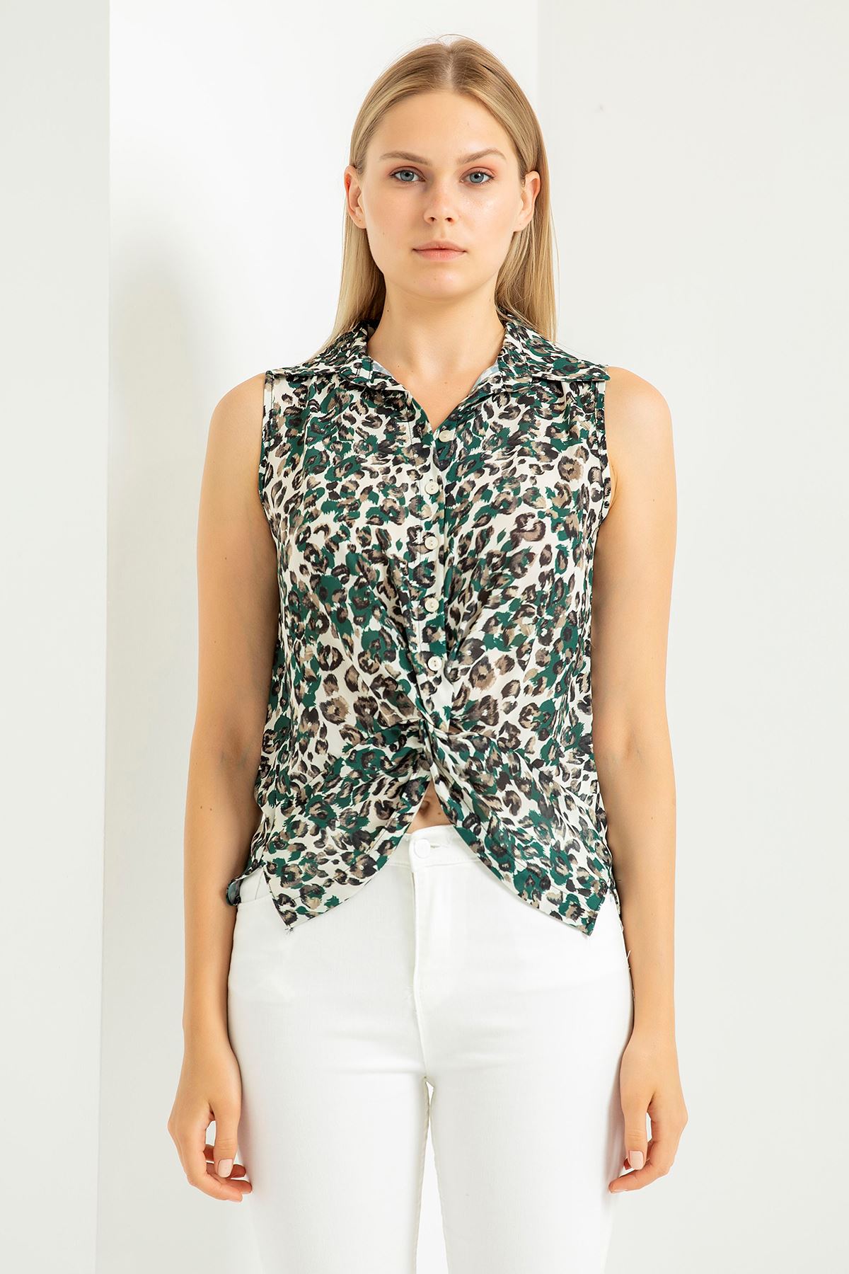 Jessica Fabric Sleeveless Shirt Collar Leopard Print Blouse - Khaki 