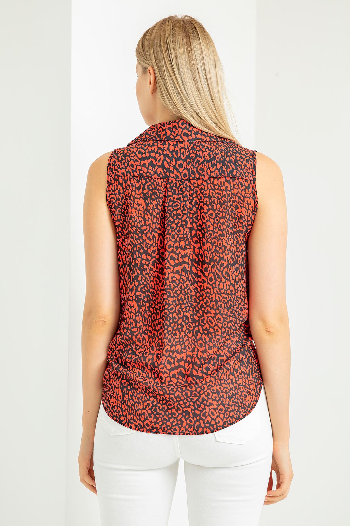 Jessica Fabric Sleeveless Shirt Collar Auger Leopard Print Blouse - Burgundy
