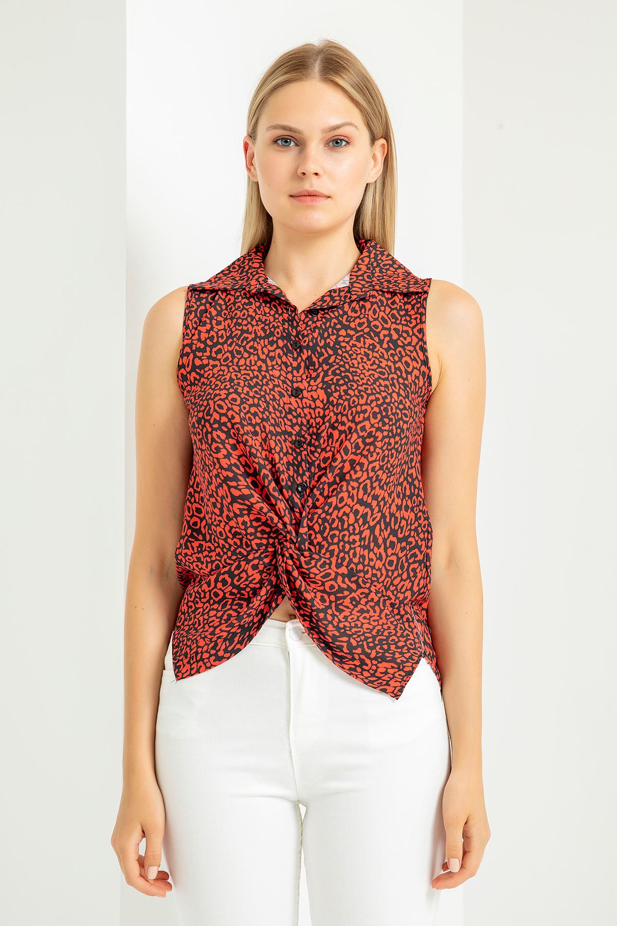 джессика ткань отложной воротник леопардовая блузка с узлом - Бордовый