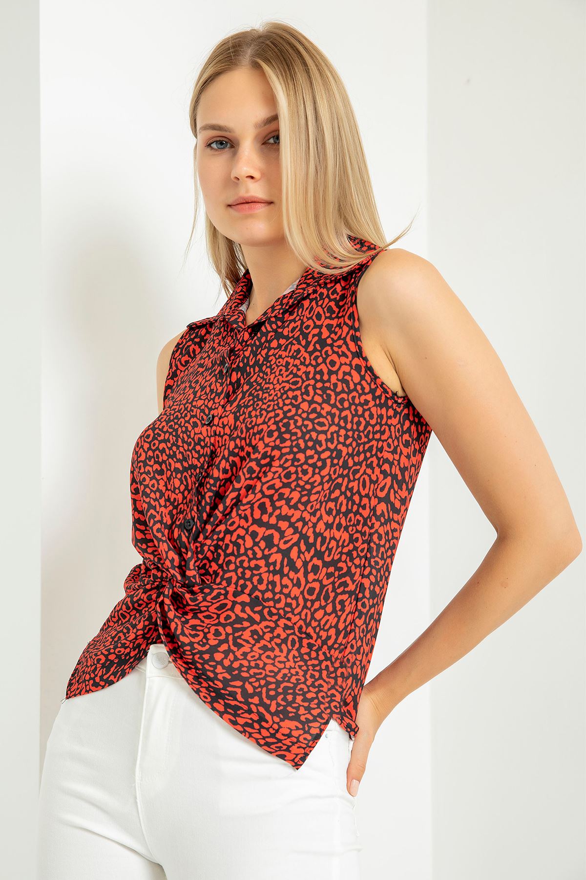 Jessica Fabric Sleeveless Shirt Collar Auger Leopard Print Blouse - Burgundy