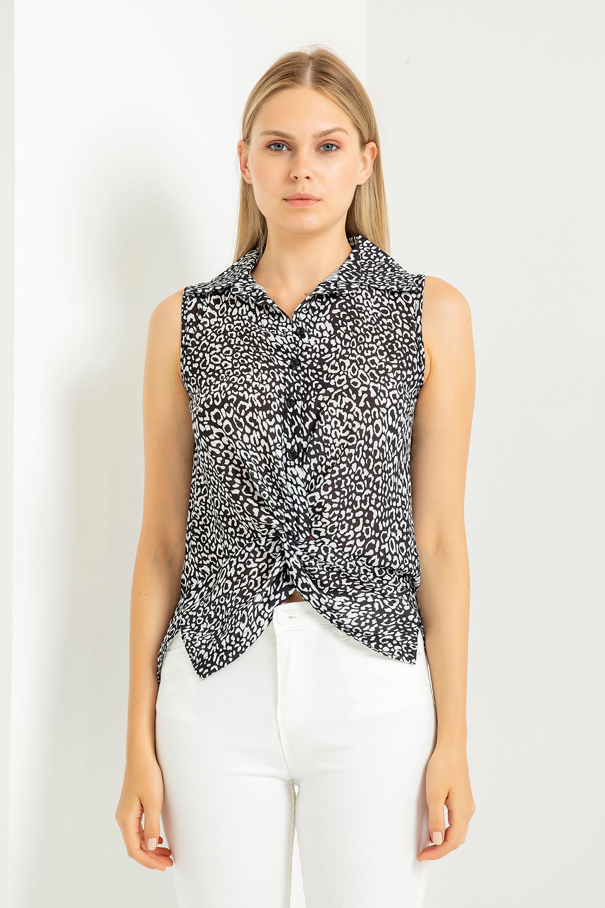 Jessica Fabric Sleeveless Shirt Collar Auger Leopard Print Blouse - Black