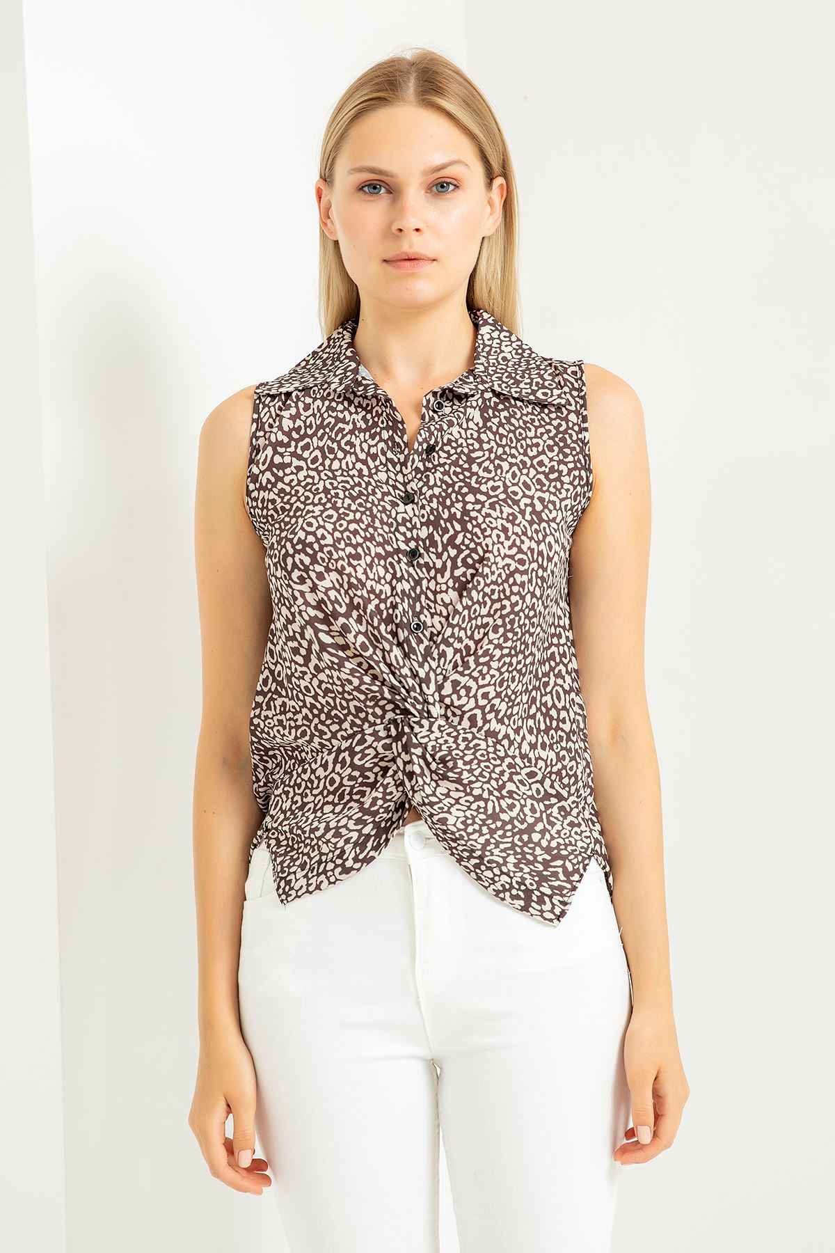 Jessica Fabric Sleeveless Shirt Collar Auger Leopard Print Blouse - Chanterelle 
