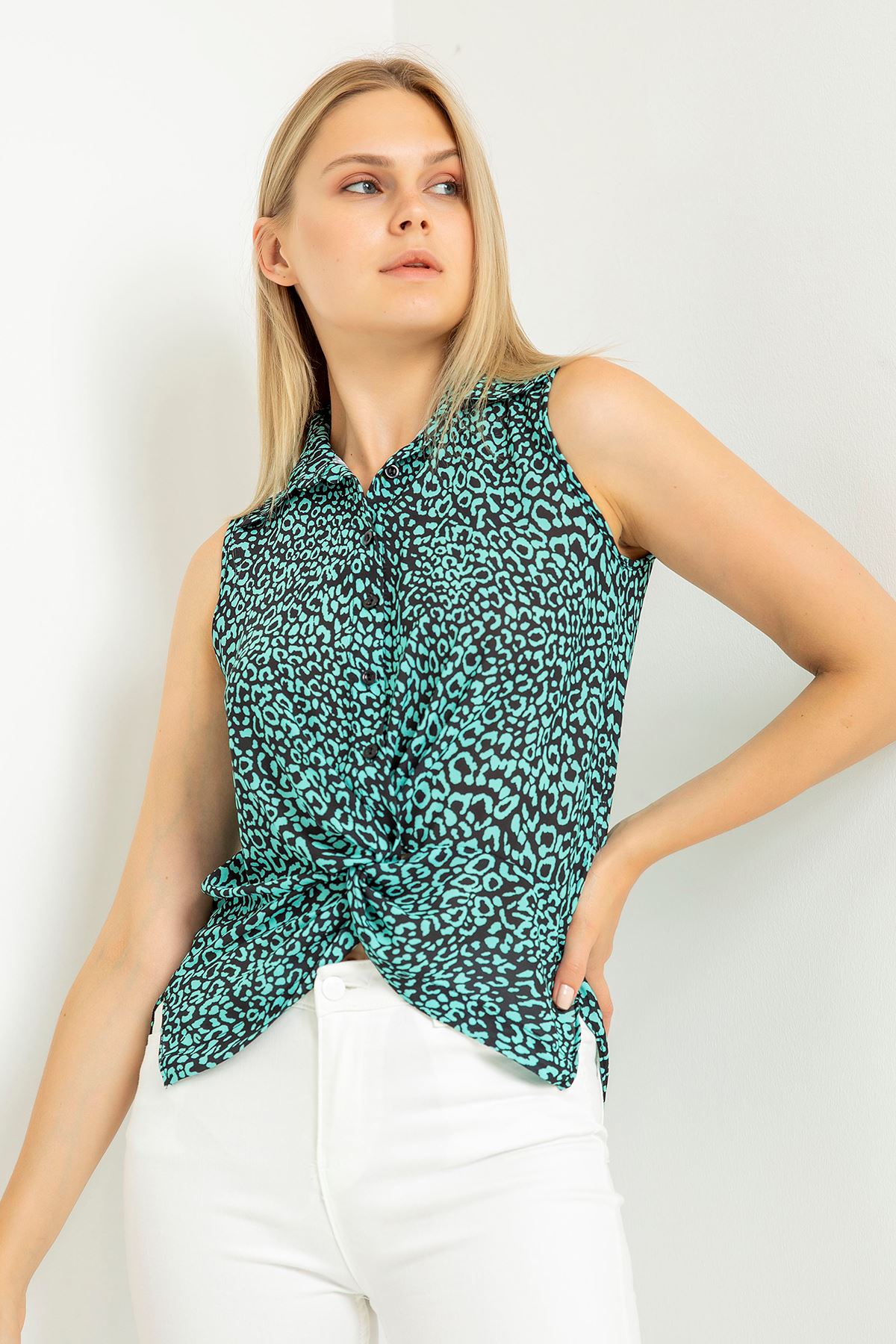 Jessica Fabric Sleeveless Shirt Collar Auger Leopard Print Blouse - Mint