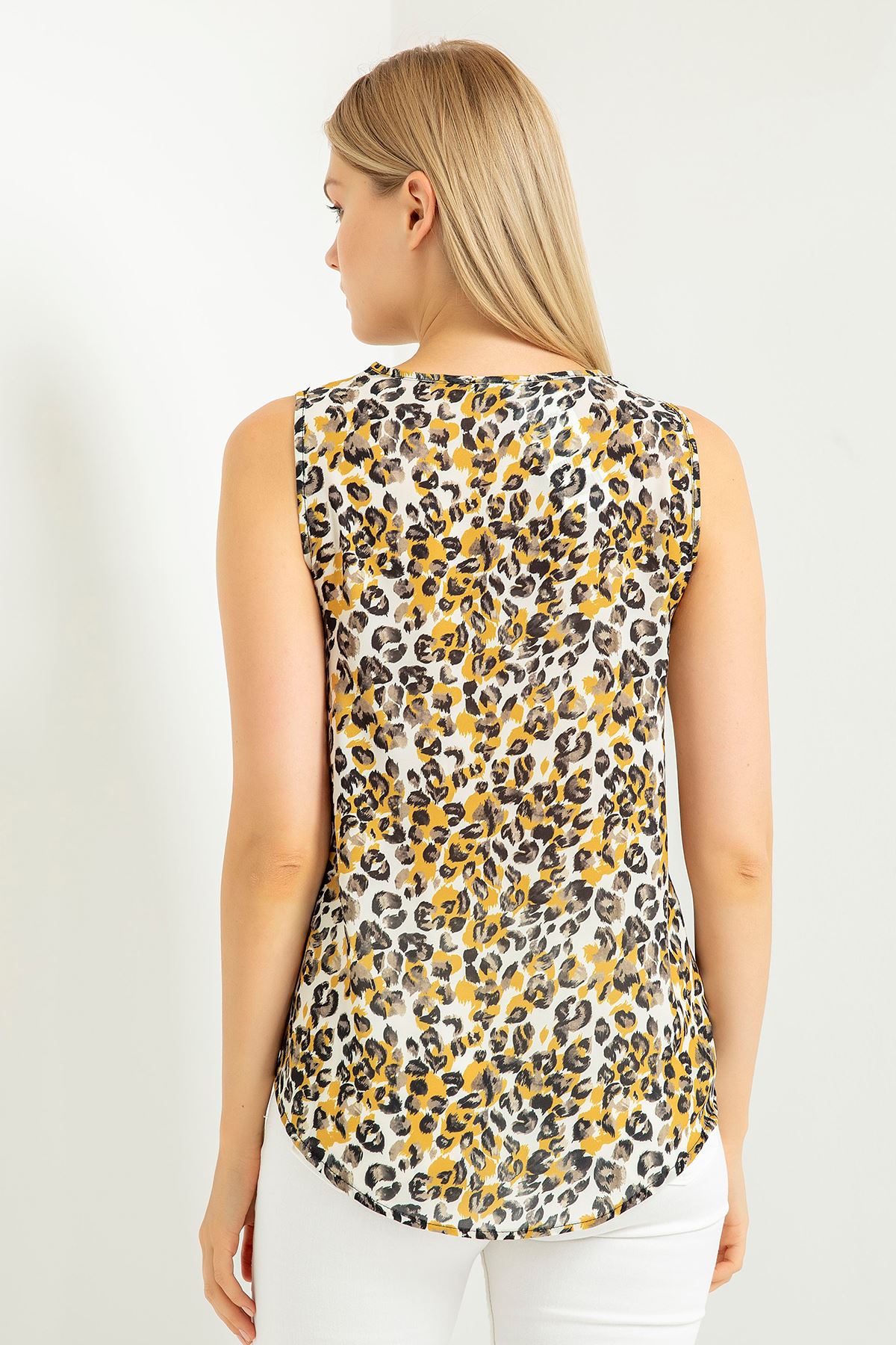 Jessica Fabric Sleeveless Bike Collar Leopard Print Blouse - Mustard
