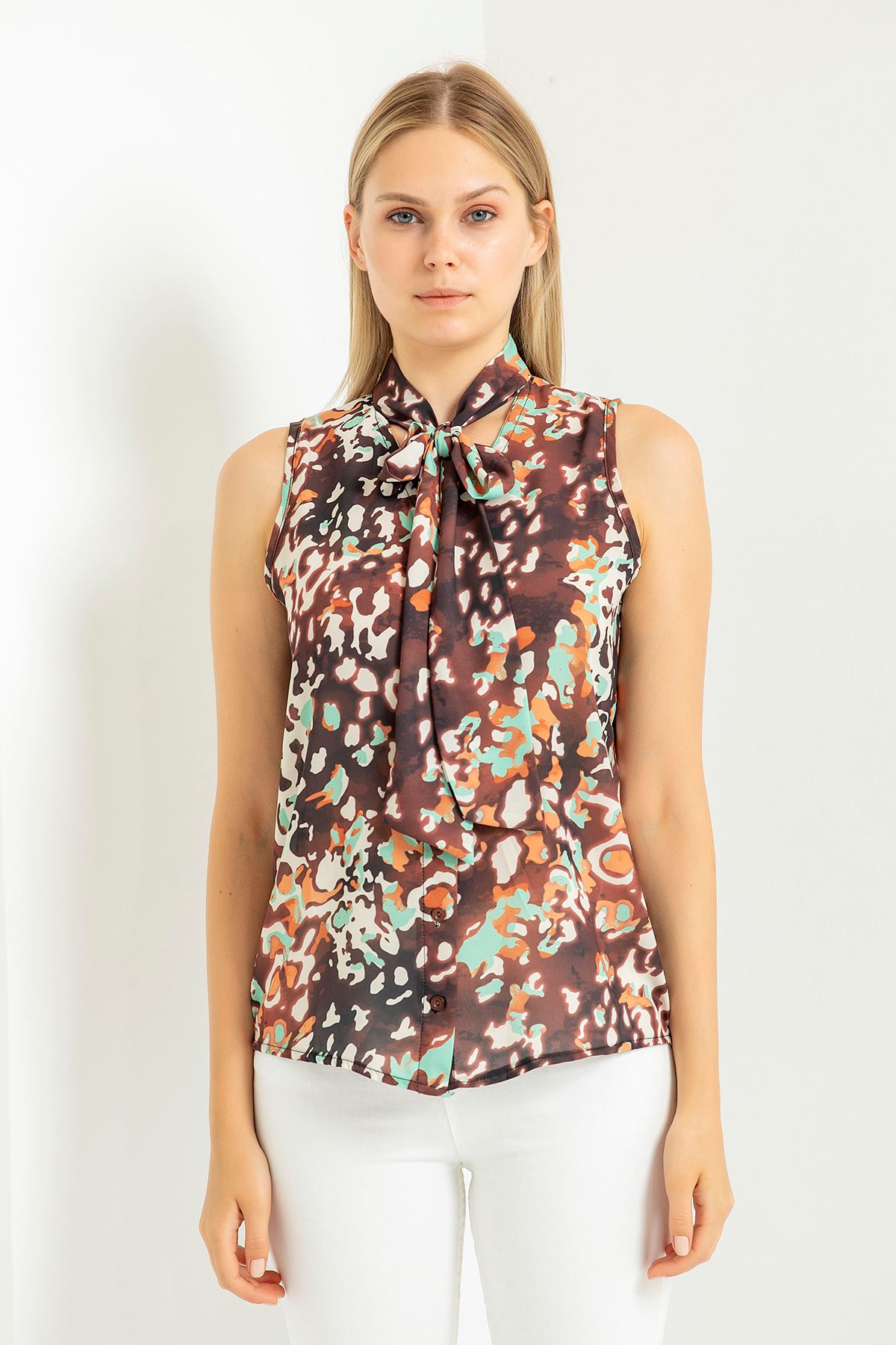 Jessica Fabric Sleeveless Full Patterned Scarf Collar Blouse - Mint