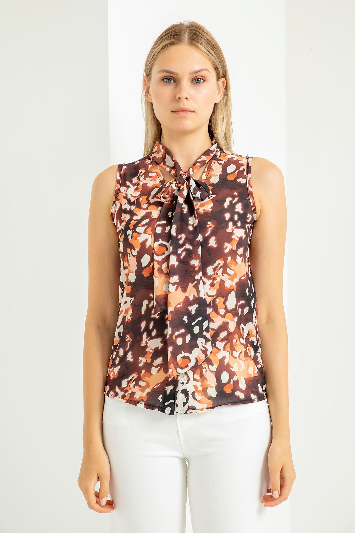 Jessica Fabric Sleeveless Full Patterned Scarf Collar Blouse - Chanterelle 