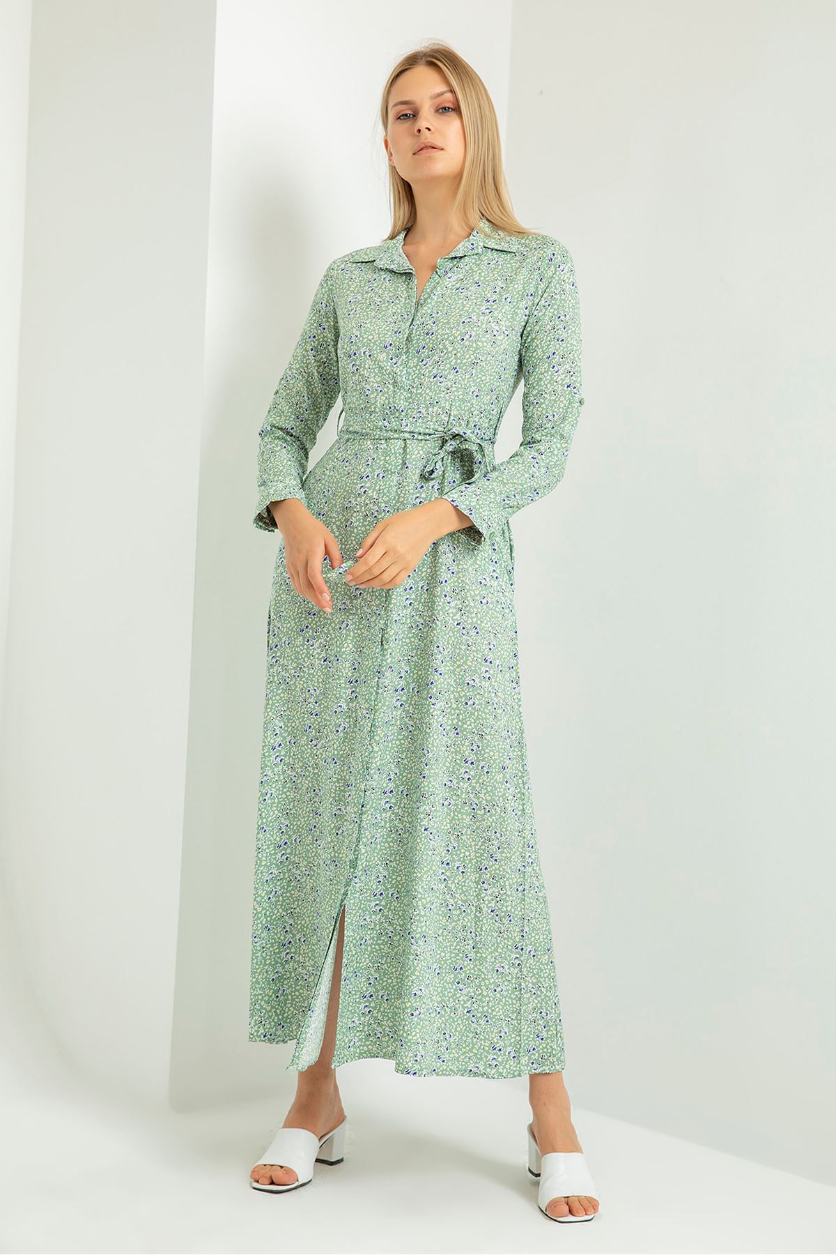 Empirme Kumaş Gömlek Yaka Çıtır Çiçek Desenli Kadın Elbise-Mint