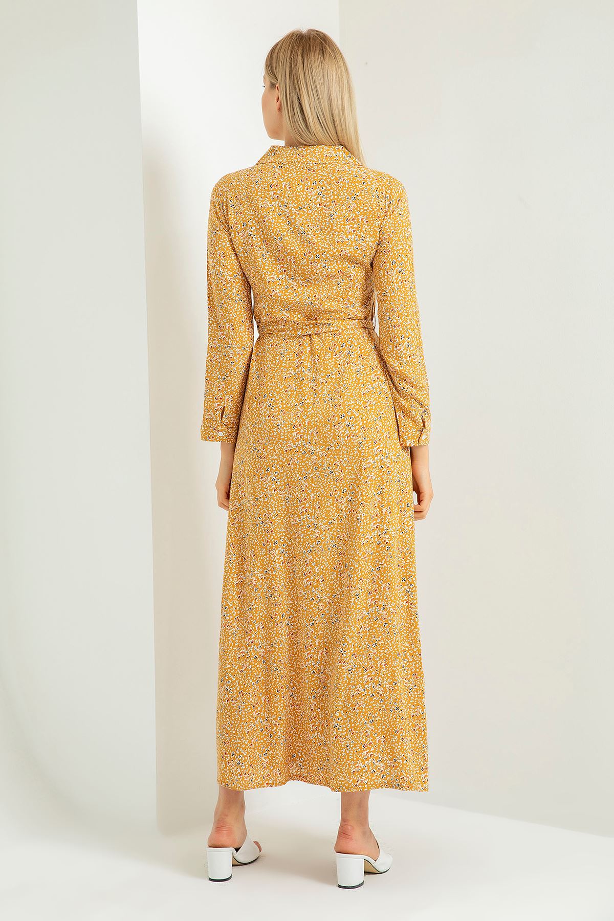 Long Sleeve Shirt Collar Floral Print Women Dress - Mustard