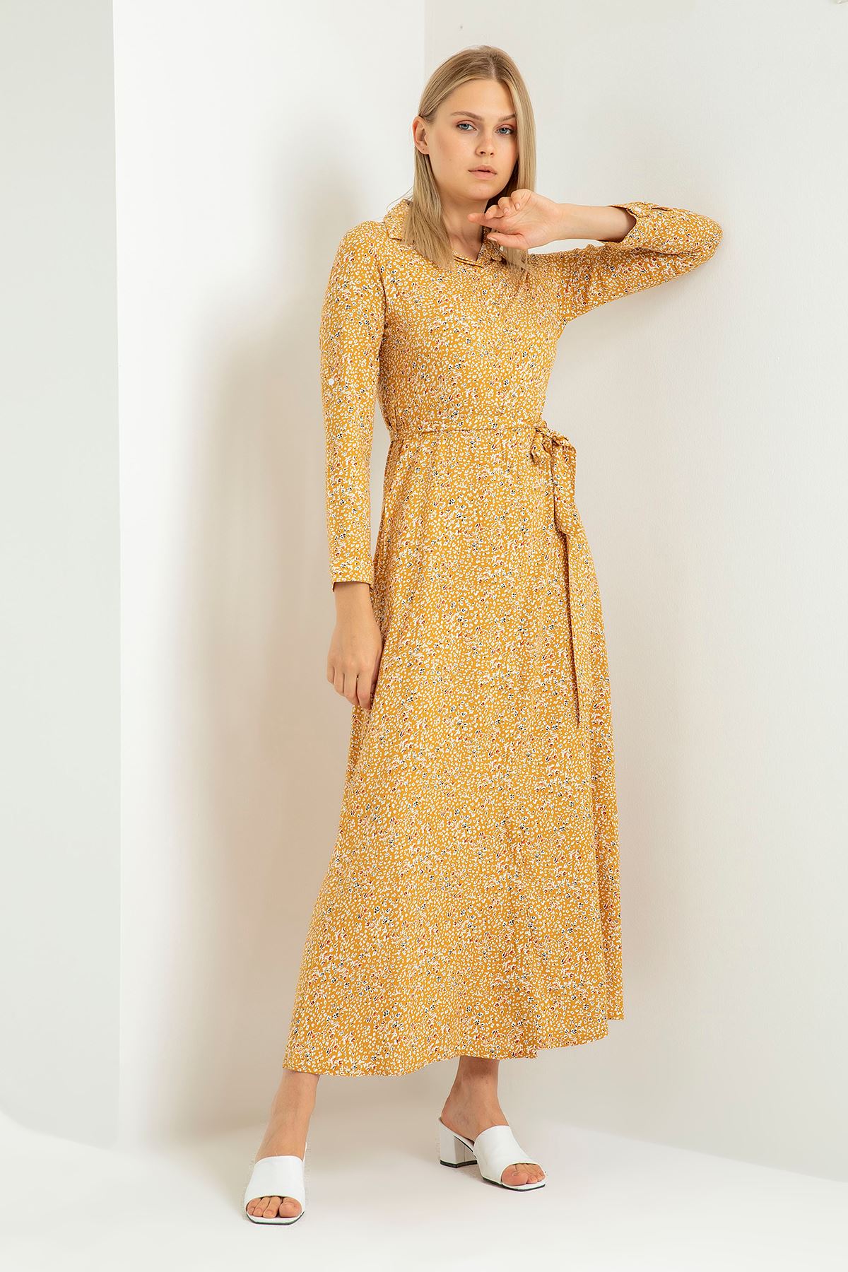 Long Sleeve Shirt Collar Floral Print Women Dress - Mustard