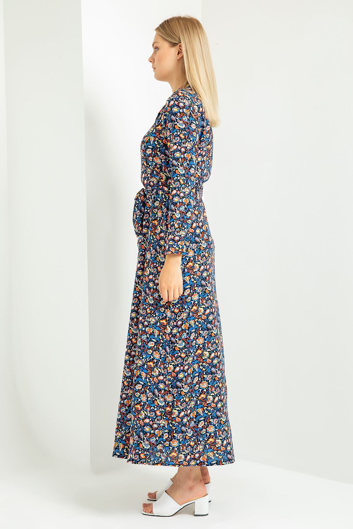 Viskon Empirme Kumaş Gömlek Yaka Yaprak Desenli Kadın Elbise-Lacivert