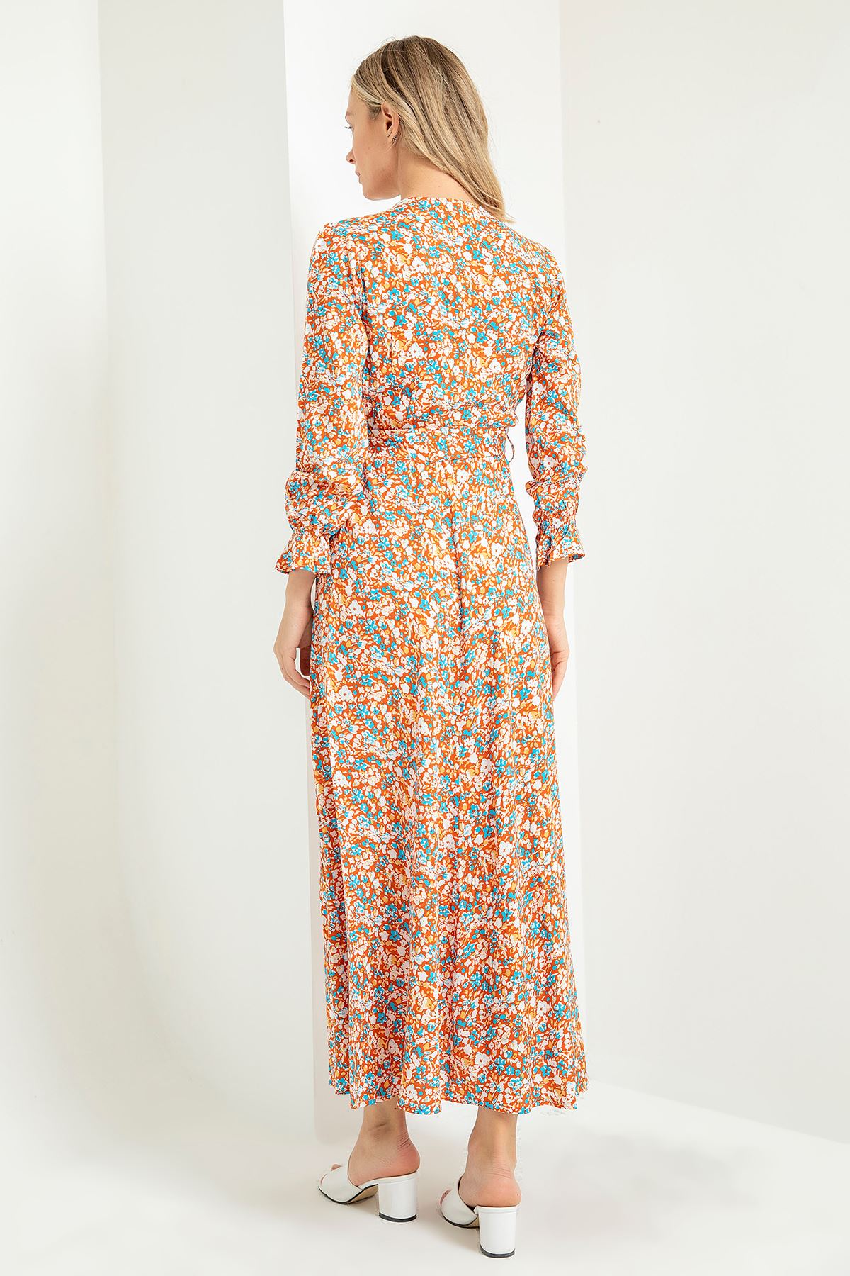 Viscose Fabric Long Sleeve V-Neck Long A Cut Flower Print Belted Women Dress - Orange