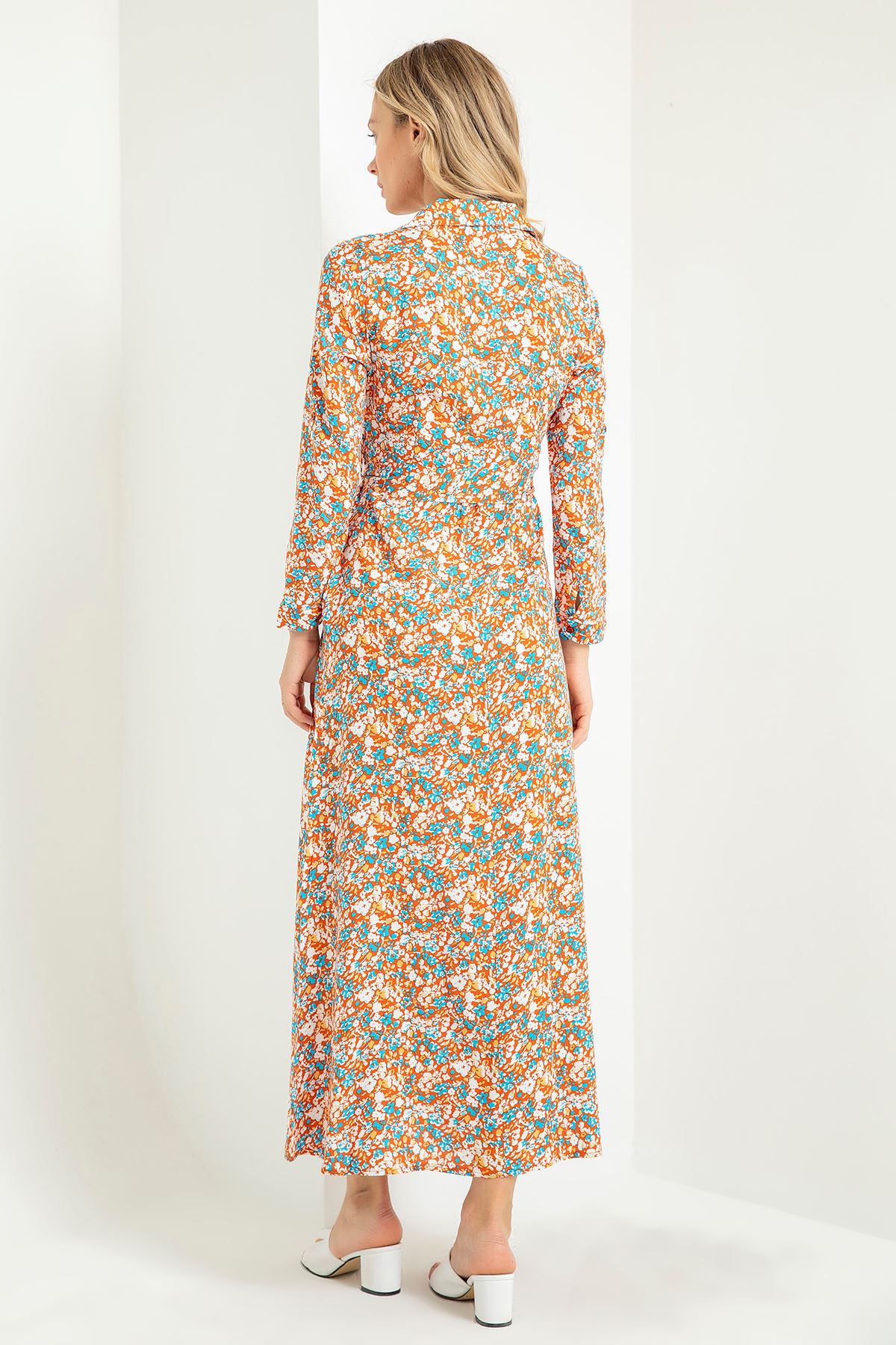вискоза ткань отложной воротник цветочный принтЖенское платье с поясом - Оранжевый