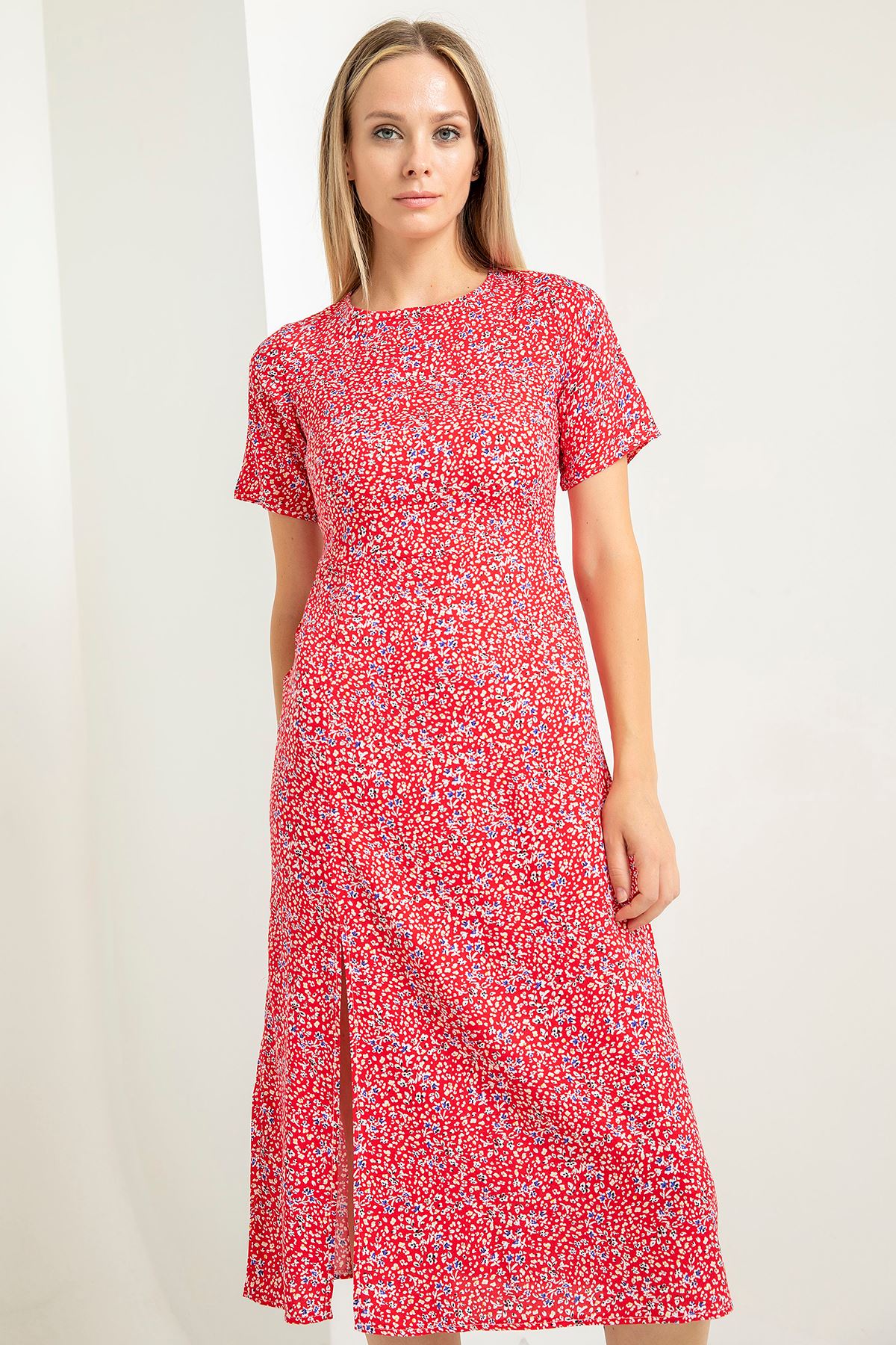 вискоза ткань цветочный принтженское платье с разрезом - Kрасный