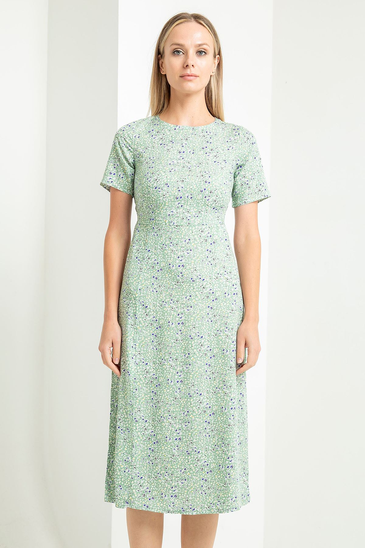 Viskon Empirme Kumaş Çıtır Desenli Yıtrmaç Detaylı Kadın Elbise-Mint