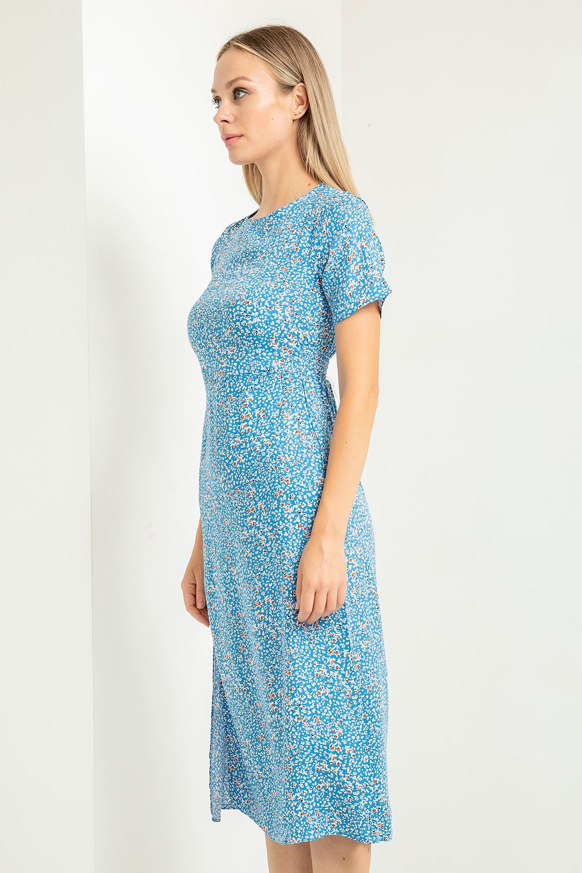 Viskon Empirme Kumaş Çıtır Desenli Yıtrmaç Detaylı Kadın Elbise-Mavi