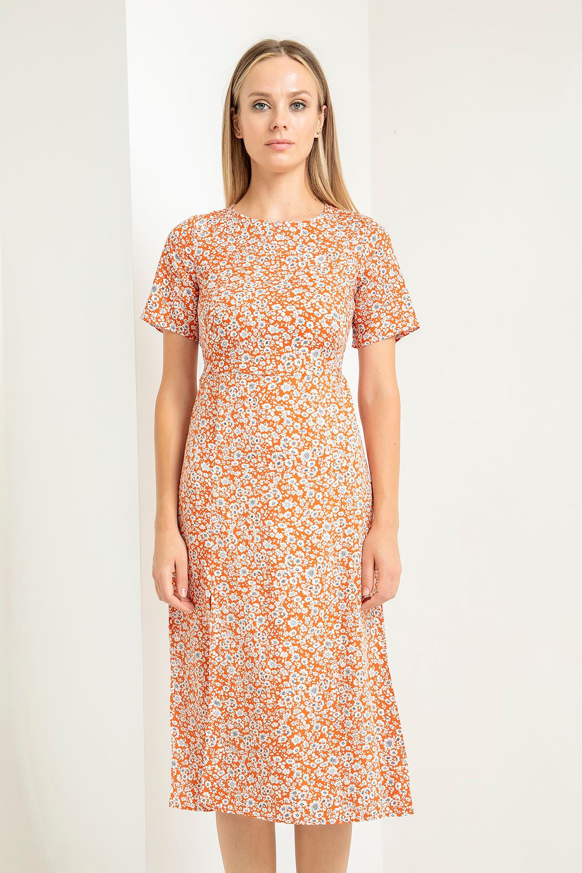 Short Sleeve Bicycle Collar Flower Print Women Dress - Orange