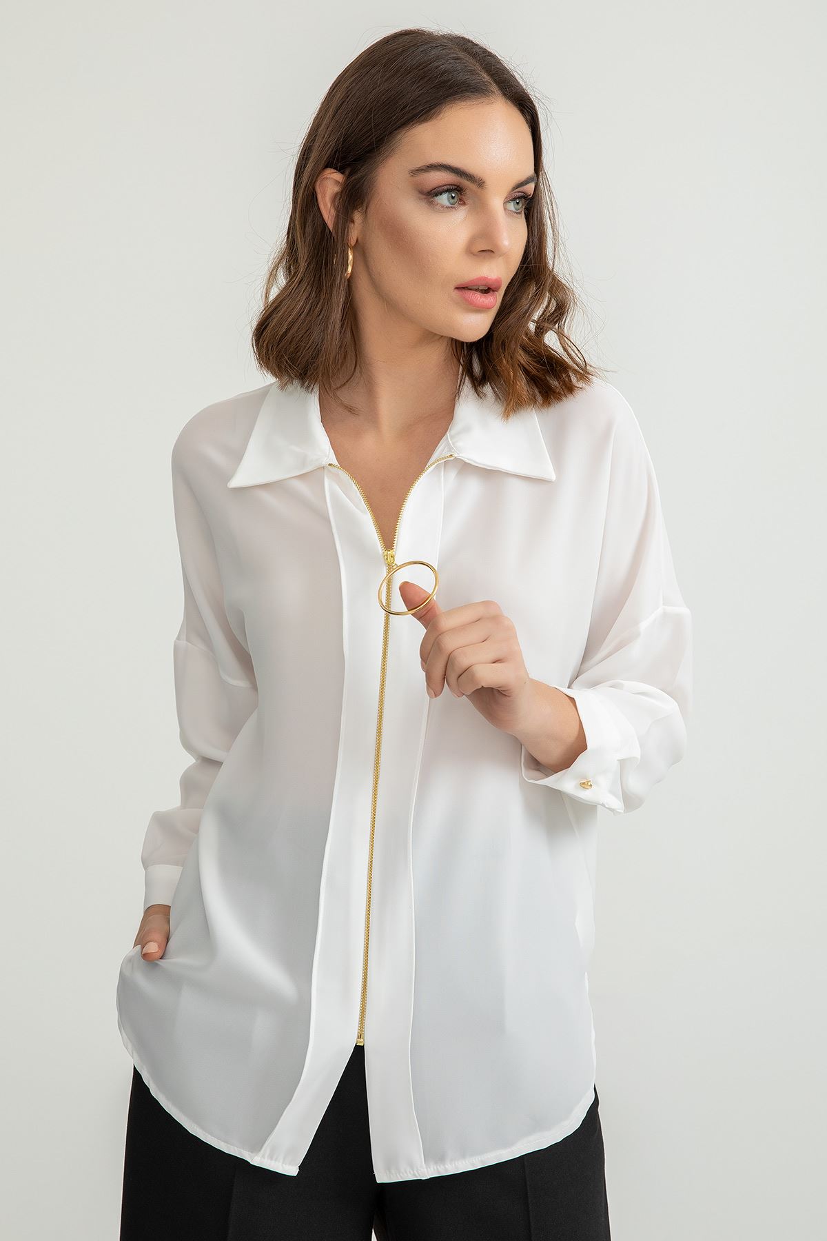 джессика ткань Женская рубашка с молнией спереди - Молочный