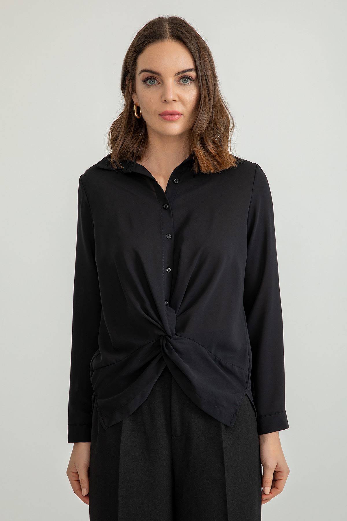 Jesica Fabric Long Sleeve Classical Button Front Women'S Shirt - Black