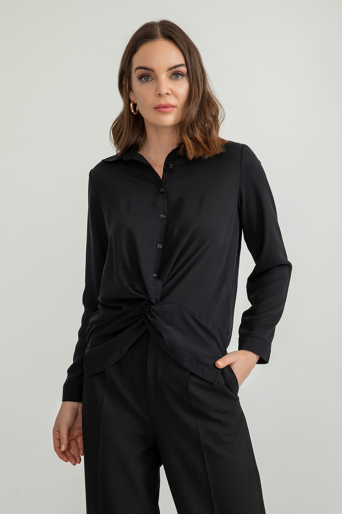 Jesica Fabric Long Sleeve Classical Button Front Women'S Shirt - Black