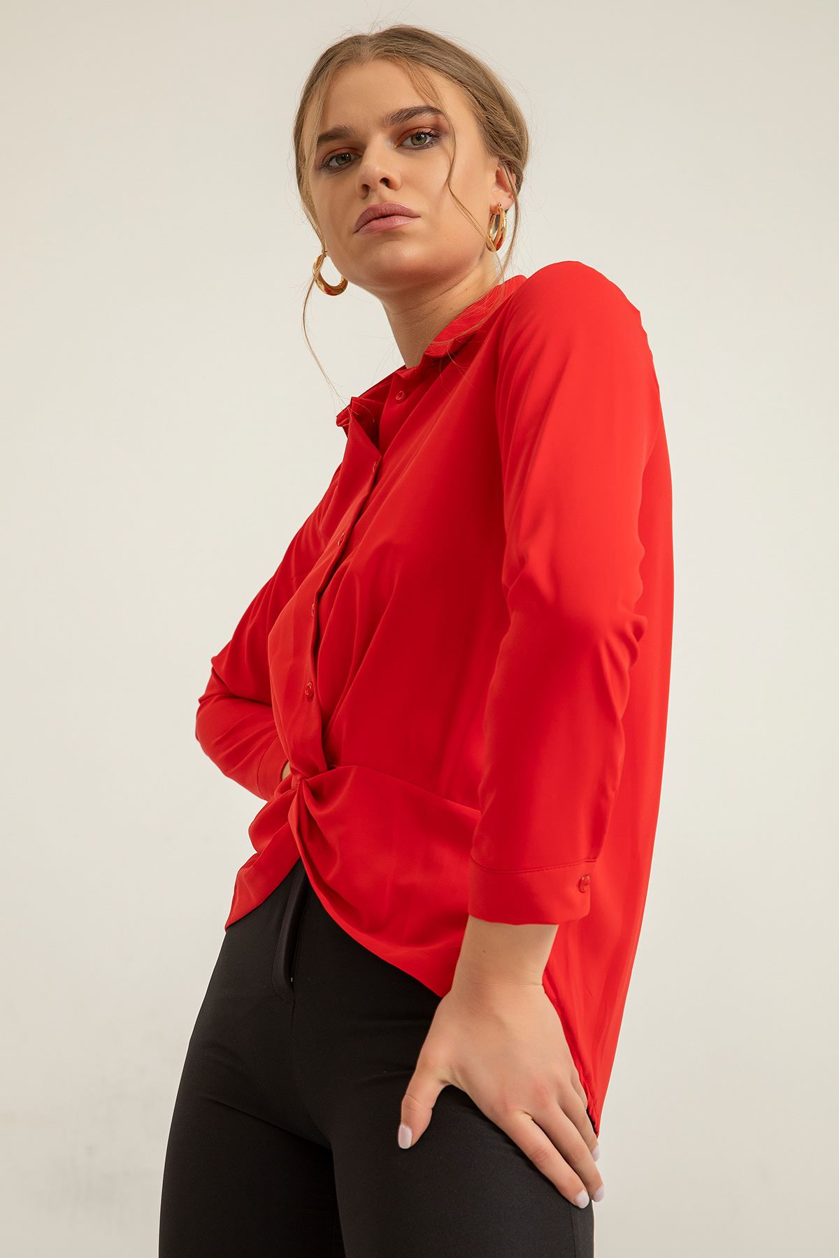 джессика ткань Женская рубашка на пуговицах спереди - Kрасный