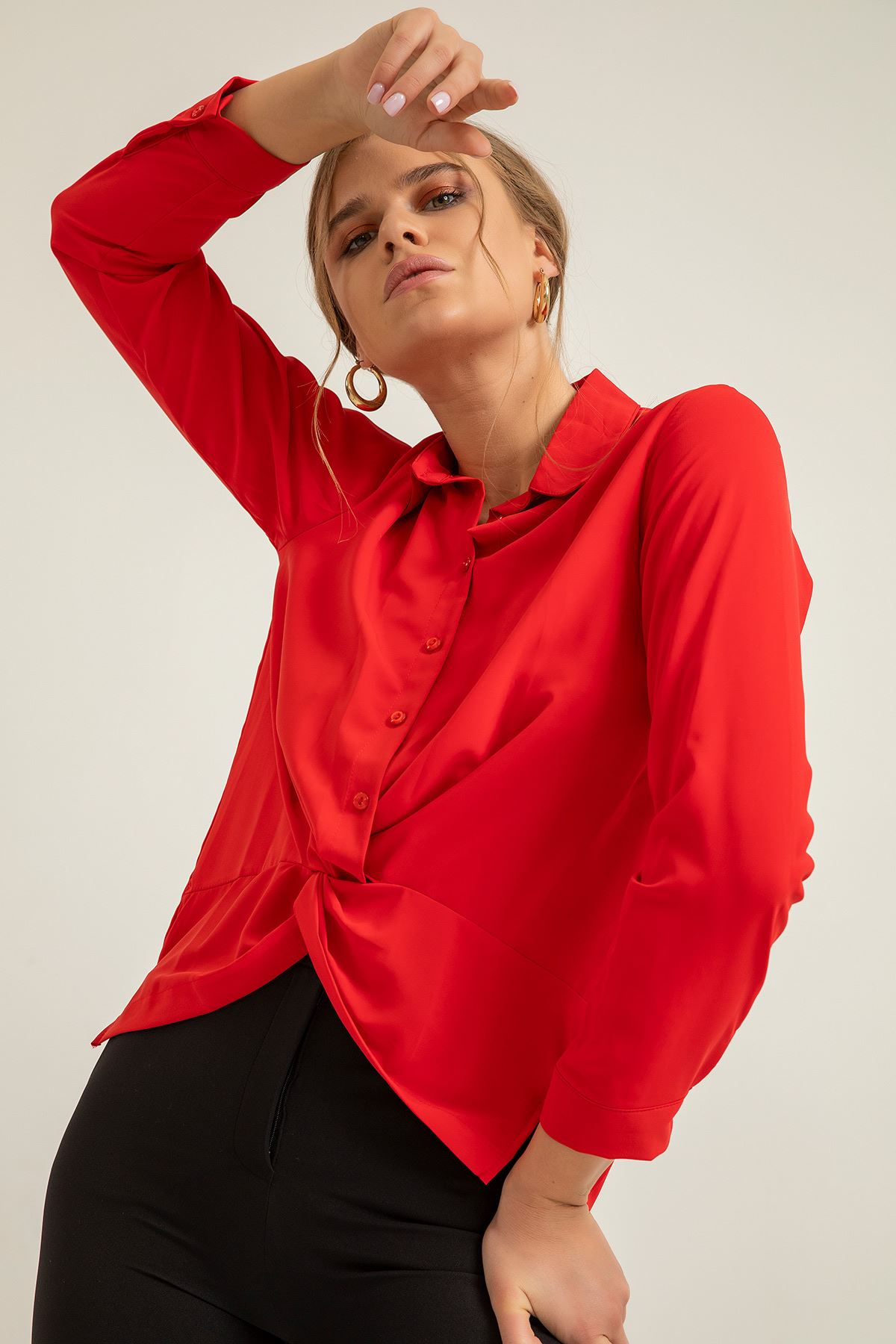 Jesica Fabric Long Sleeve Classical Button Front Women'S Shirt - Red