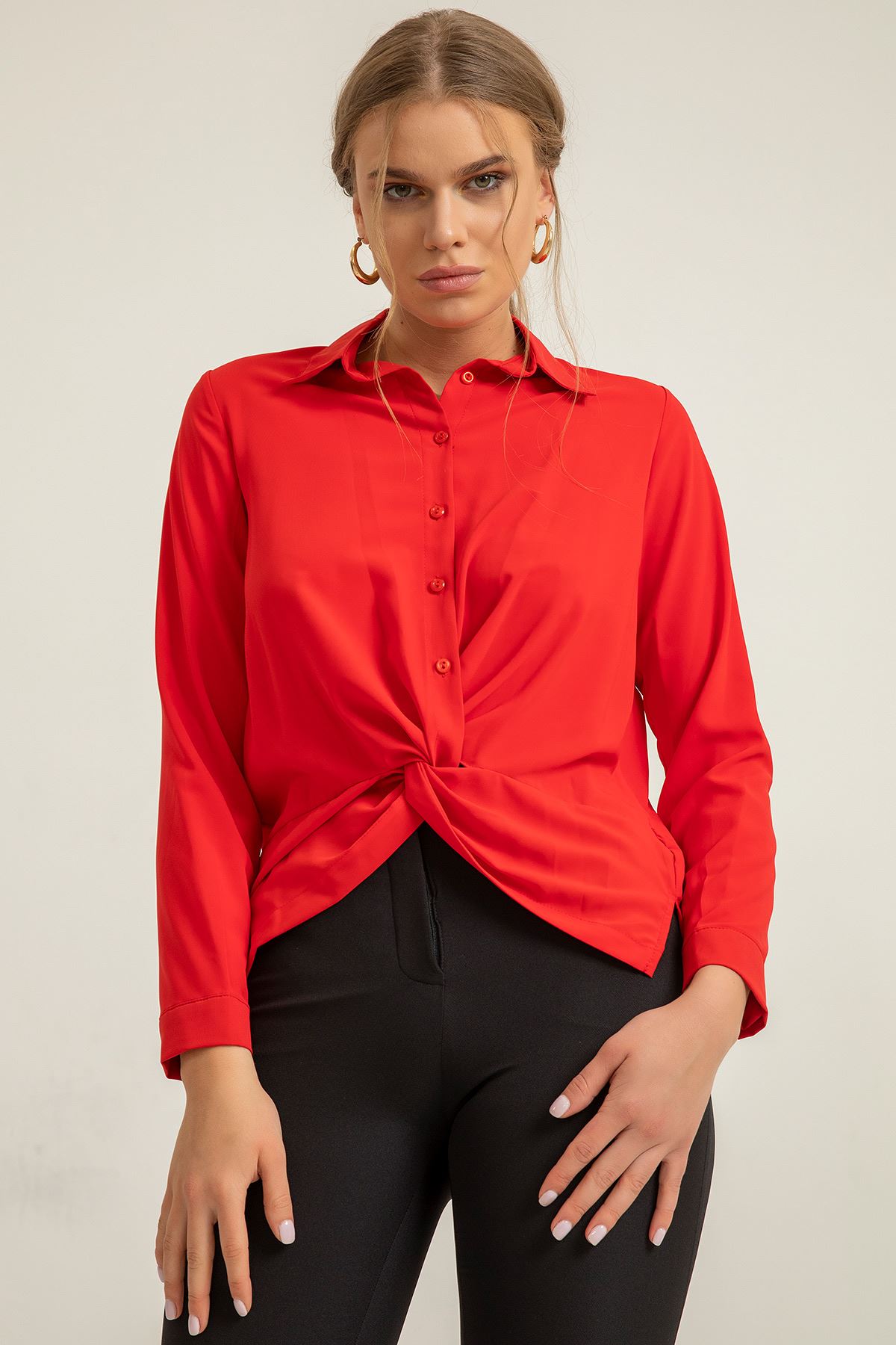 Jesica Kumaş Uzun Kol  Klasik Önü Düğümlü Kadın Gömlek-Kırmızı