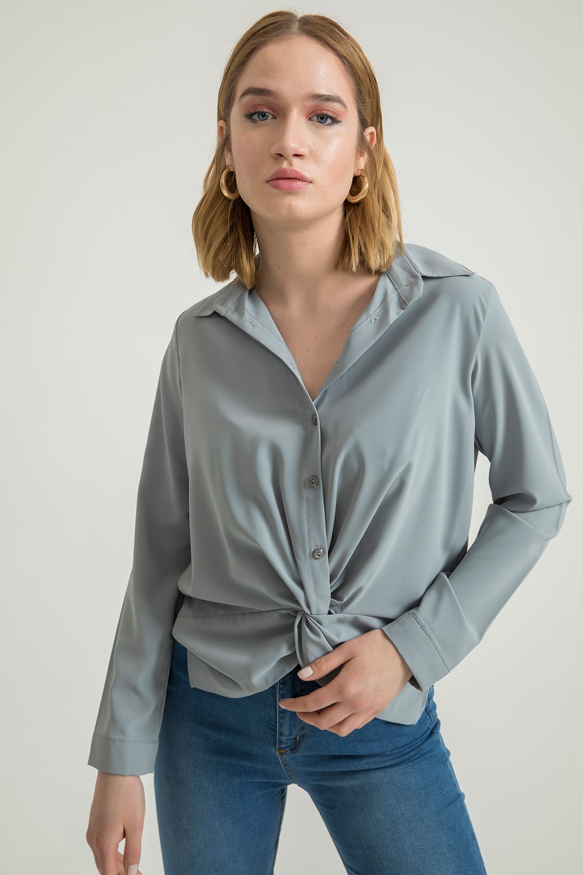 Jesica Fabric Long Sleeve Classical Button Front Women'S Shirt - Grey