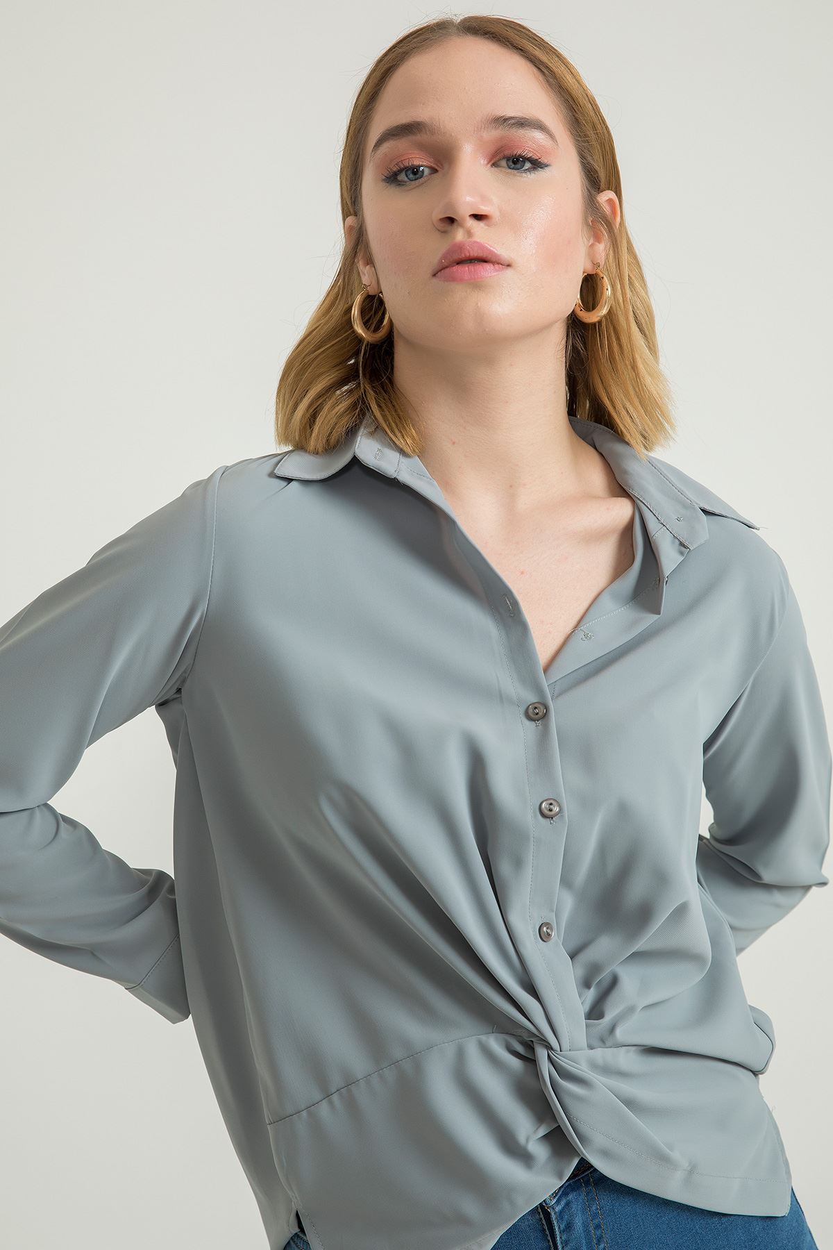 джессика ткань Женская рубашка на пуговицах спереди - Серый