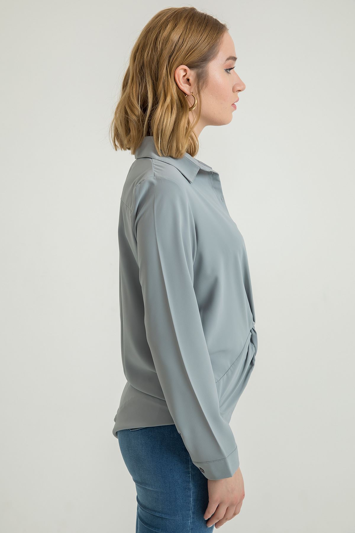 Jesica Fabric Long Sleeve Classical Button Front Women'S Shirt - Grey