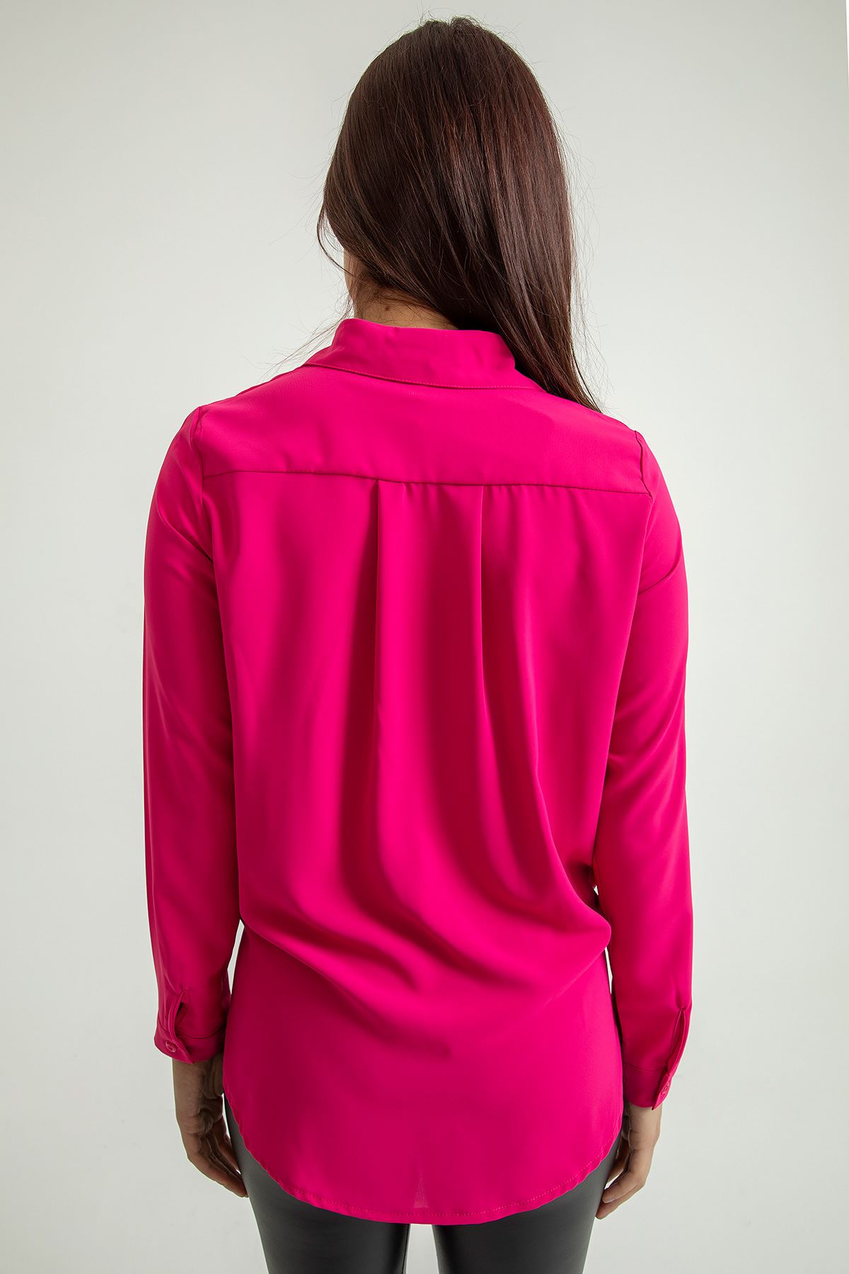 Jesica Fabric Long Sleeve Classical Button Front Women'S Shirt - Fuchıa