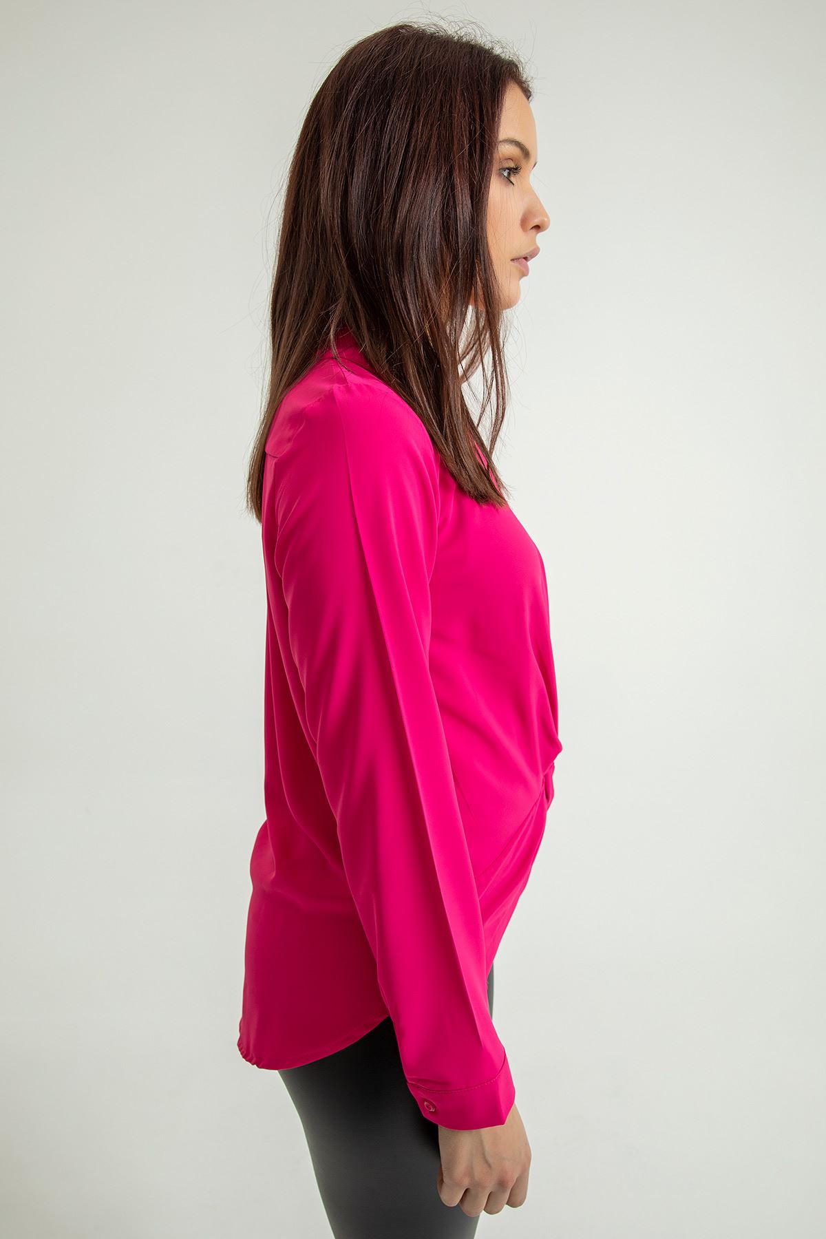 Jesica Kumaş Uzun Kol  Klasik Önü Düğümlü Kadın Gömlek-Fuşya