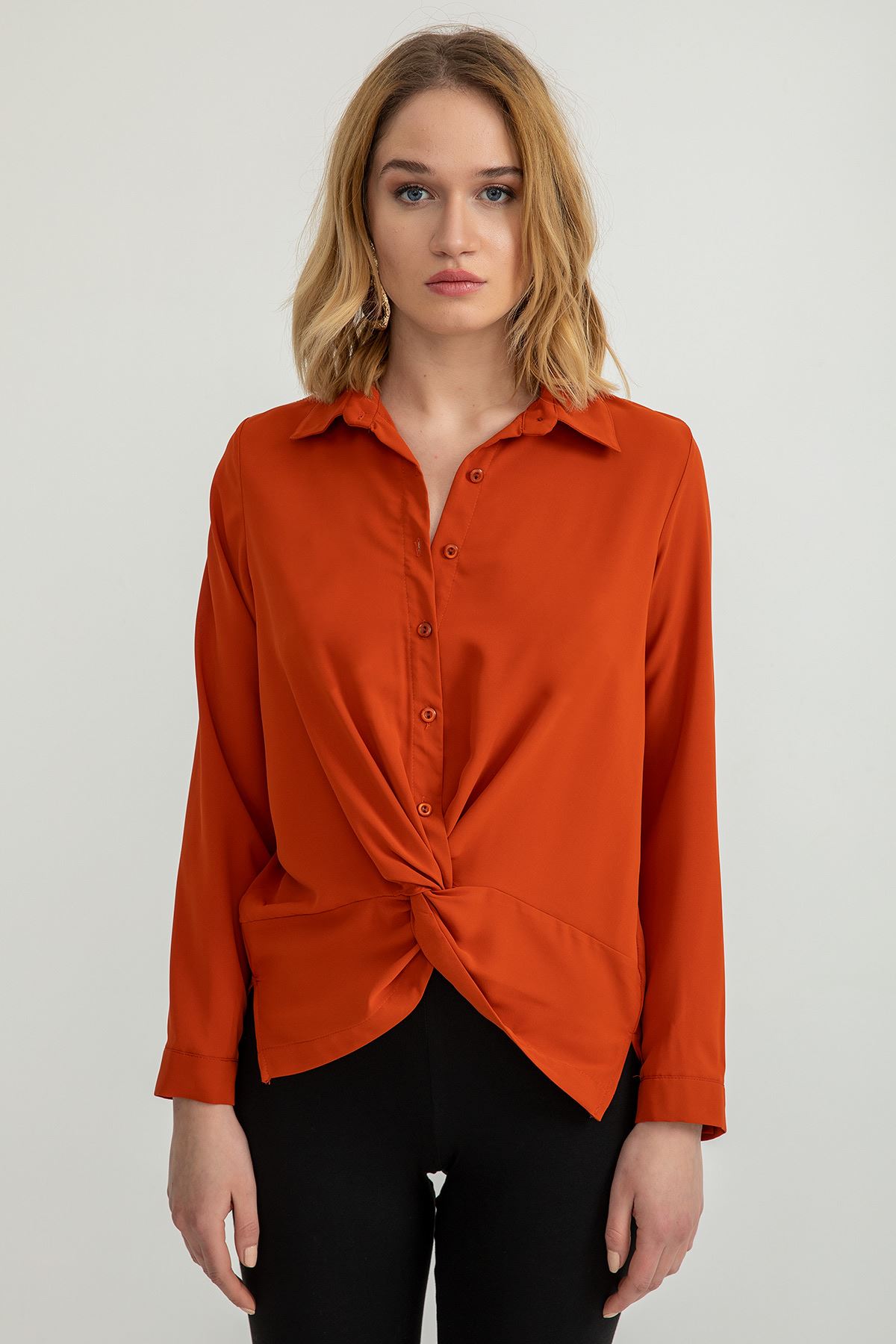 джессика ткань Женская рубашка на пуговицах спереди - Оранжевый