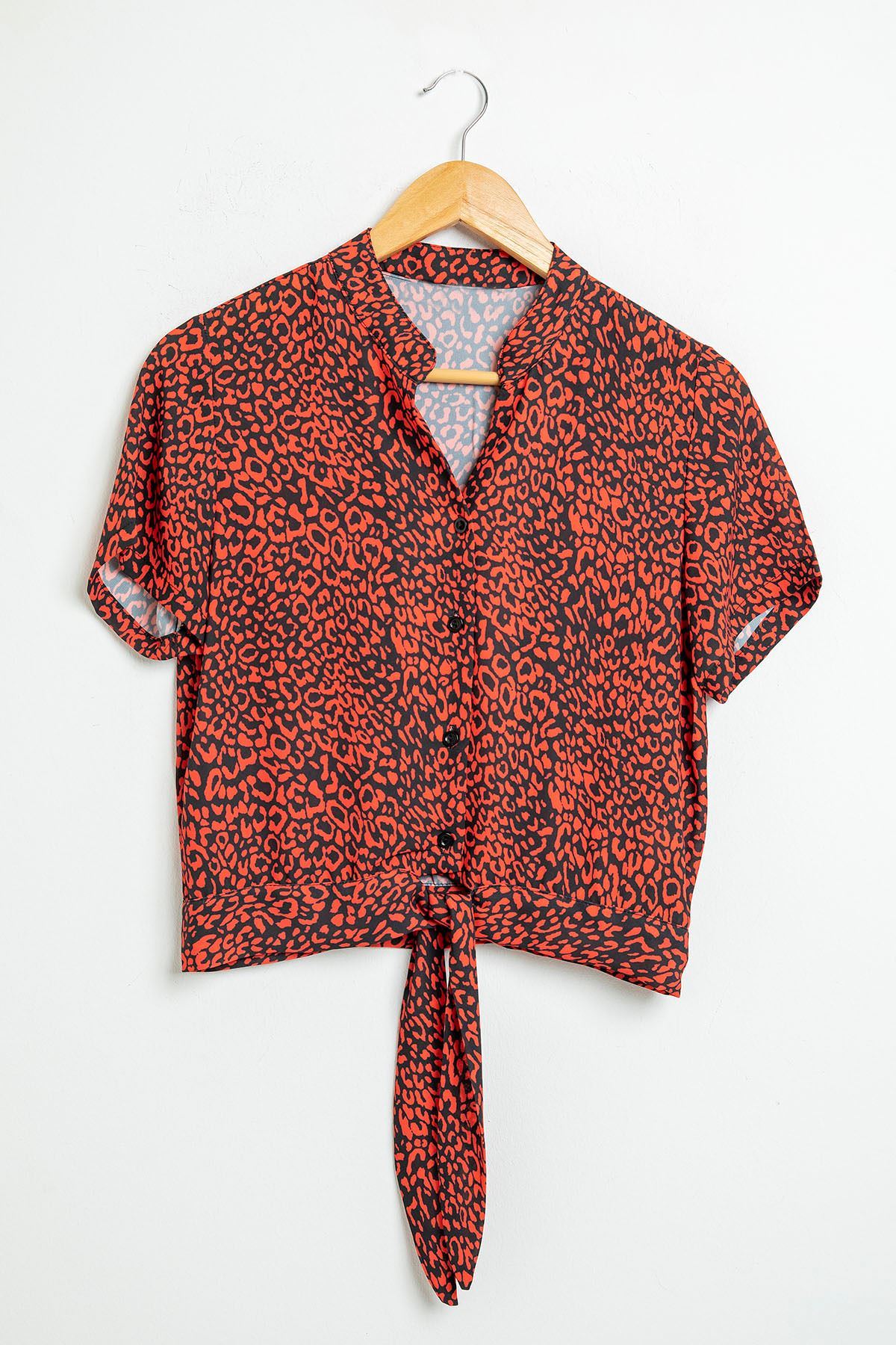 Jessica Blouse Short Sleeve Shirt Collar Leopard Print With Tie Front Blouse - Red