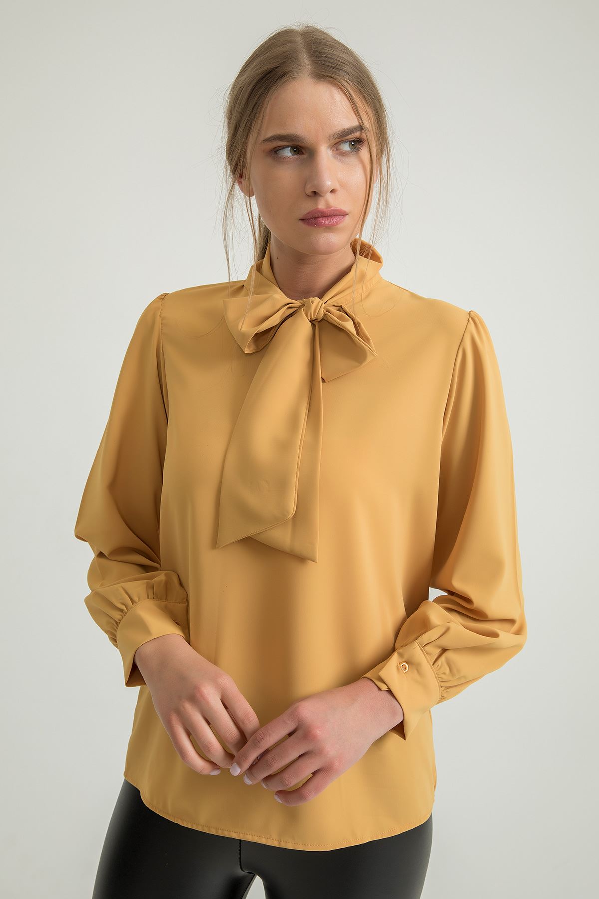 Jesica Fabric Tie Neck Hip Height Shirred Sleeve Women'S Shirt - Mustard