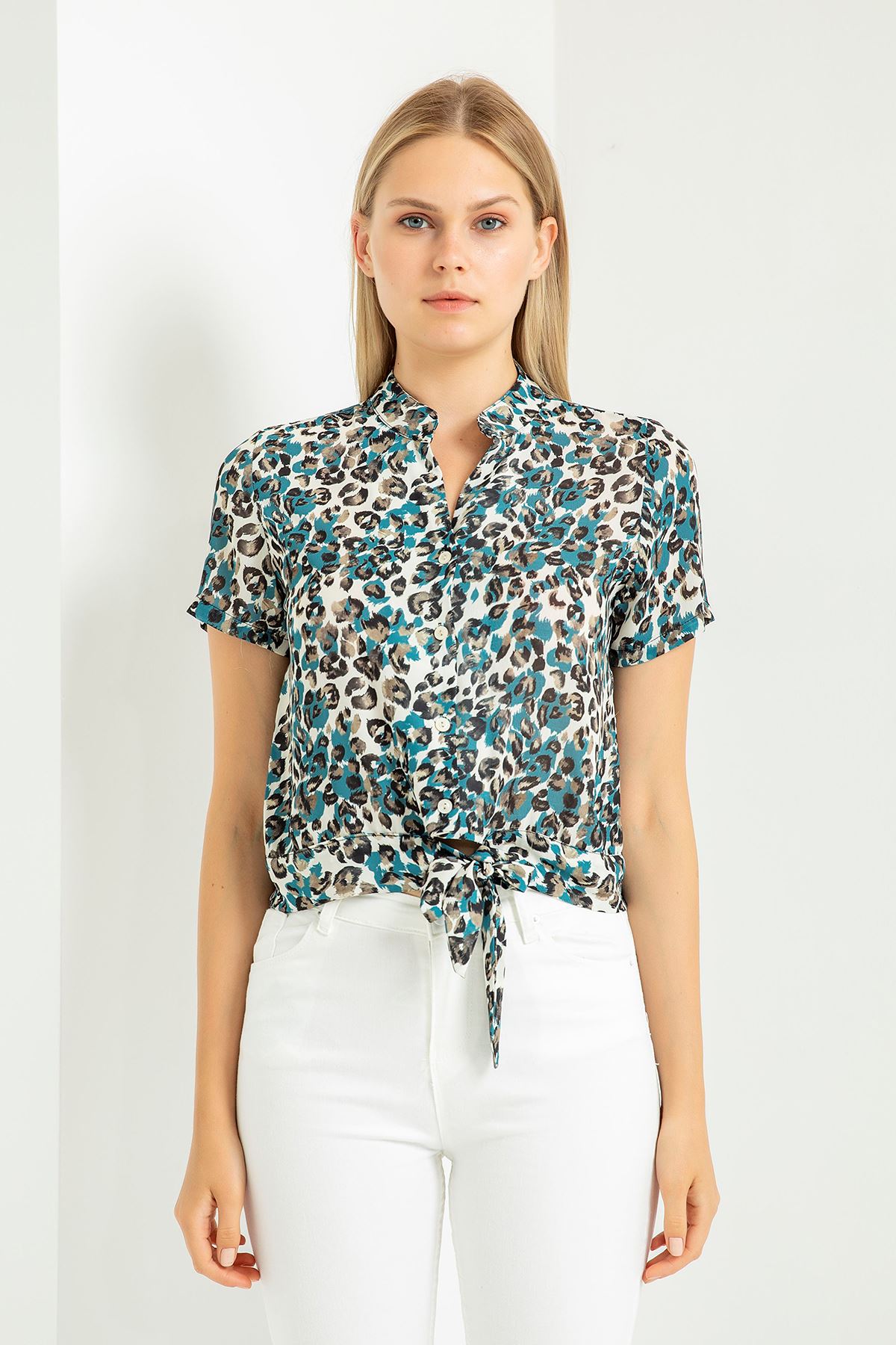 Jessica Blouse Short Sleeve Shirt Collar Leopard Print With Tie Front Blouse - Oil color