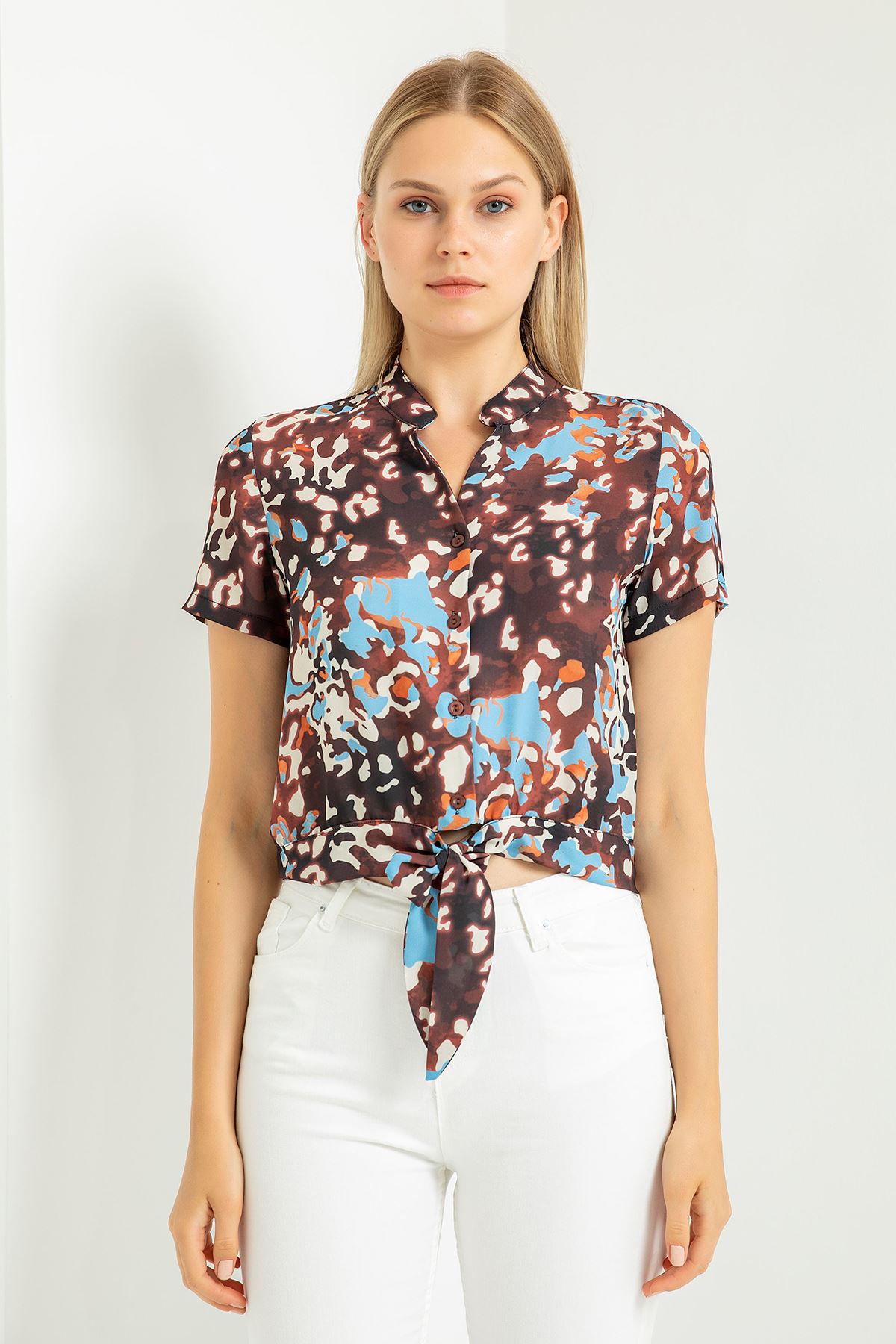 Jessica Blouse Short Sleeve Shirt Collar Leopard Print With Tie Front Blouse - Light Blue
