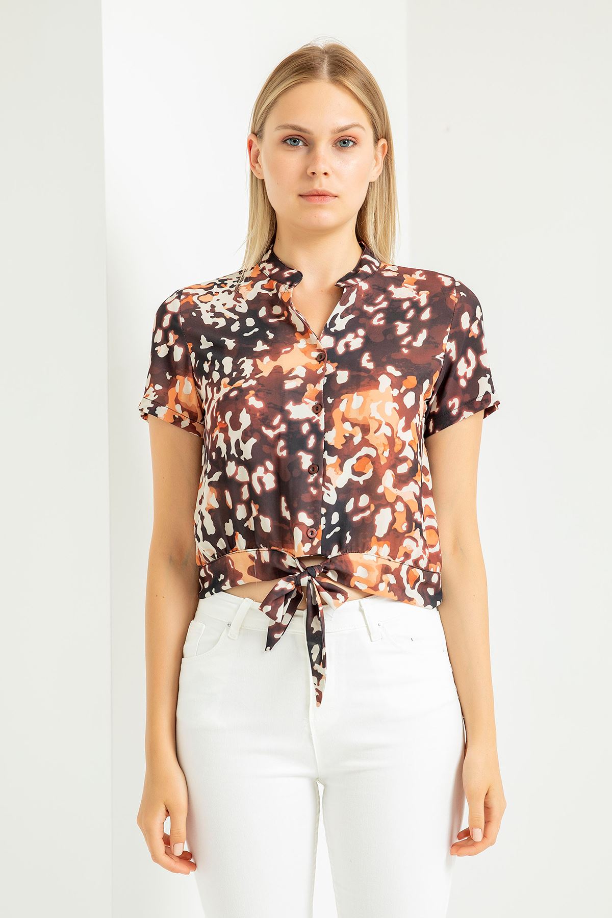 Jessica Blouse Short Sleeve Shirt Collar Leopard Print With Tie Front Blouse - Chanterelle 