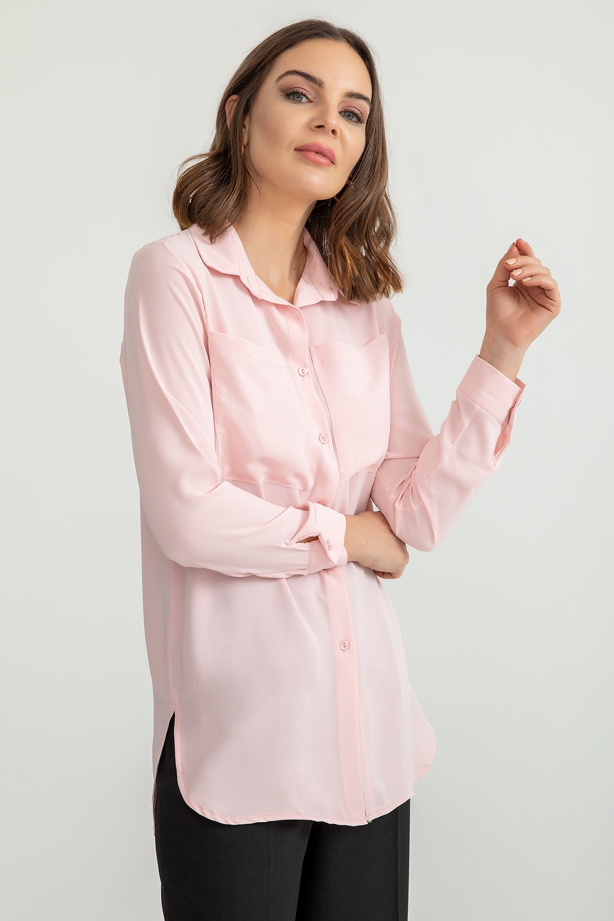 джессика ткань длинный рукав С НАКЛАДНЫМИ КАРМАНАМИ Женская рубашка - Светло розовый