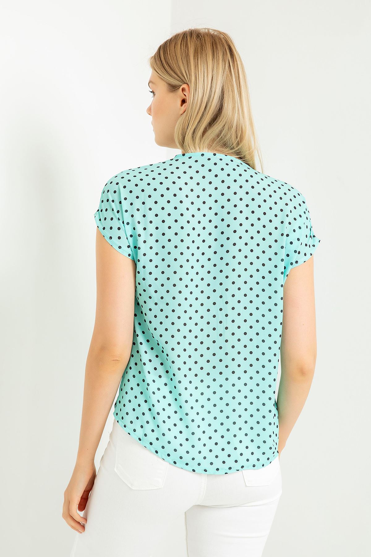 Jessica Blouse Short Sleeve V-Neck Dotted Print Blouse - Mint