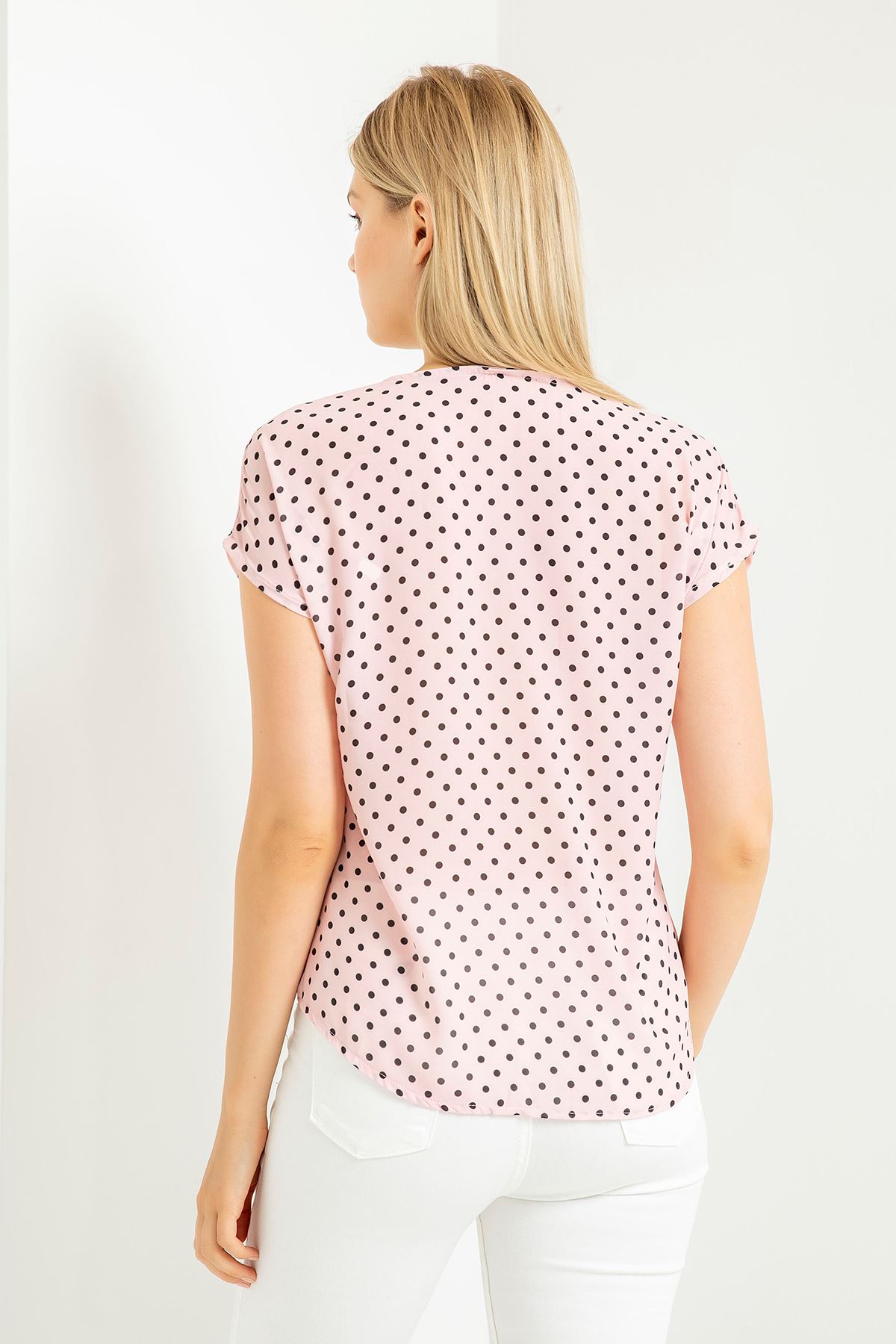 Jessica Blouse Short Sleeve V-Neck Dotted Print Blouse - Light Pink
