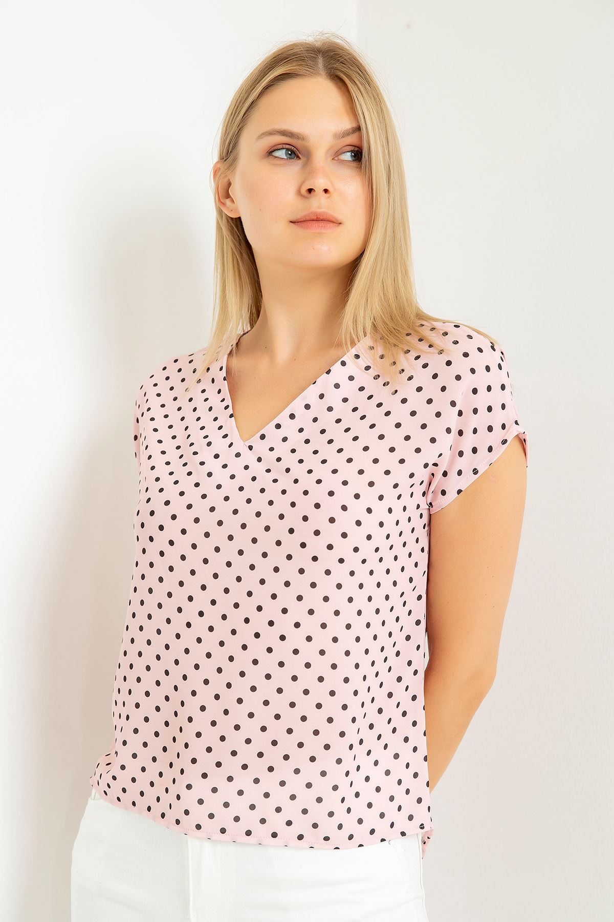 джессика ткань V-образный вырез женская блузка в горошек - Светло розовый