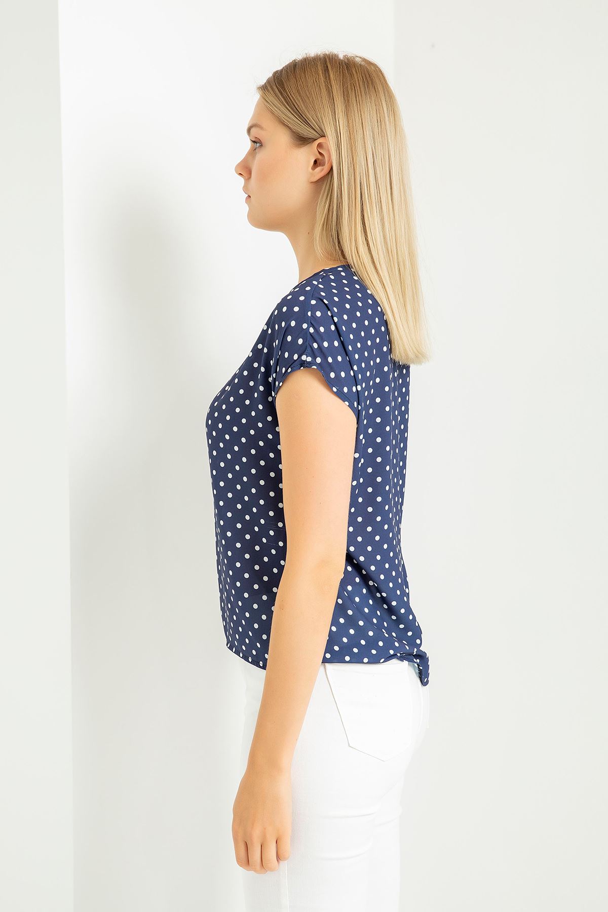 Jessica Blouse Short Sleeve V-Neck Dotted Print Blouse - Navy Blue 