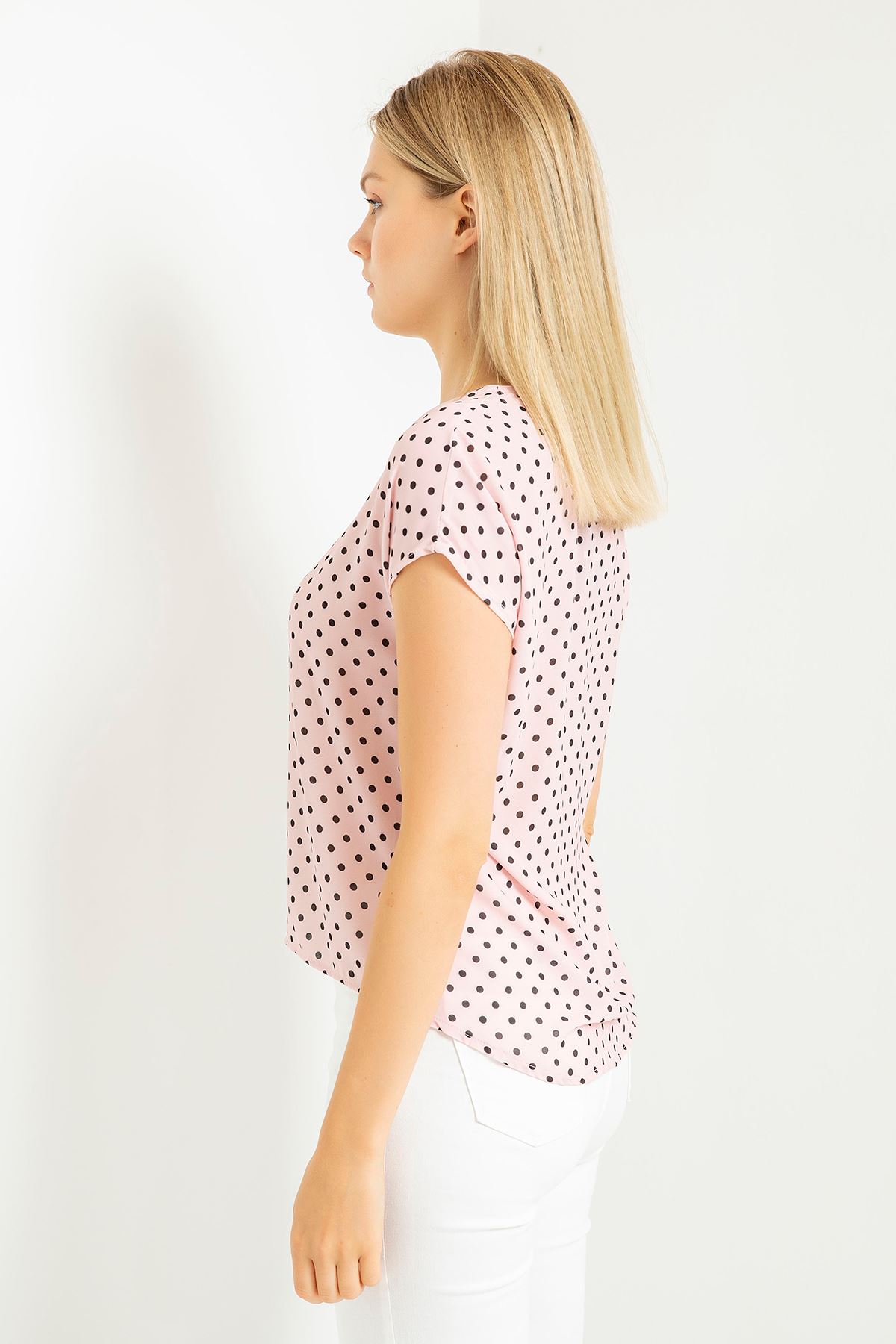 Jessica Blouse Short Sleeve V-Neck Dotted Print Blouse - Light Pink
