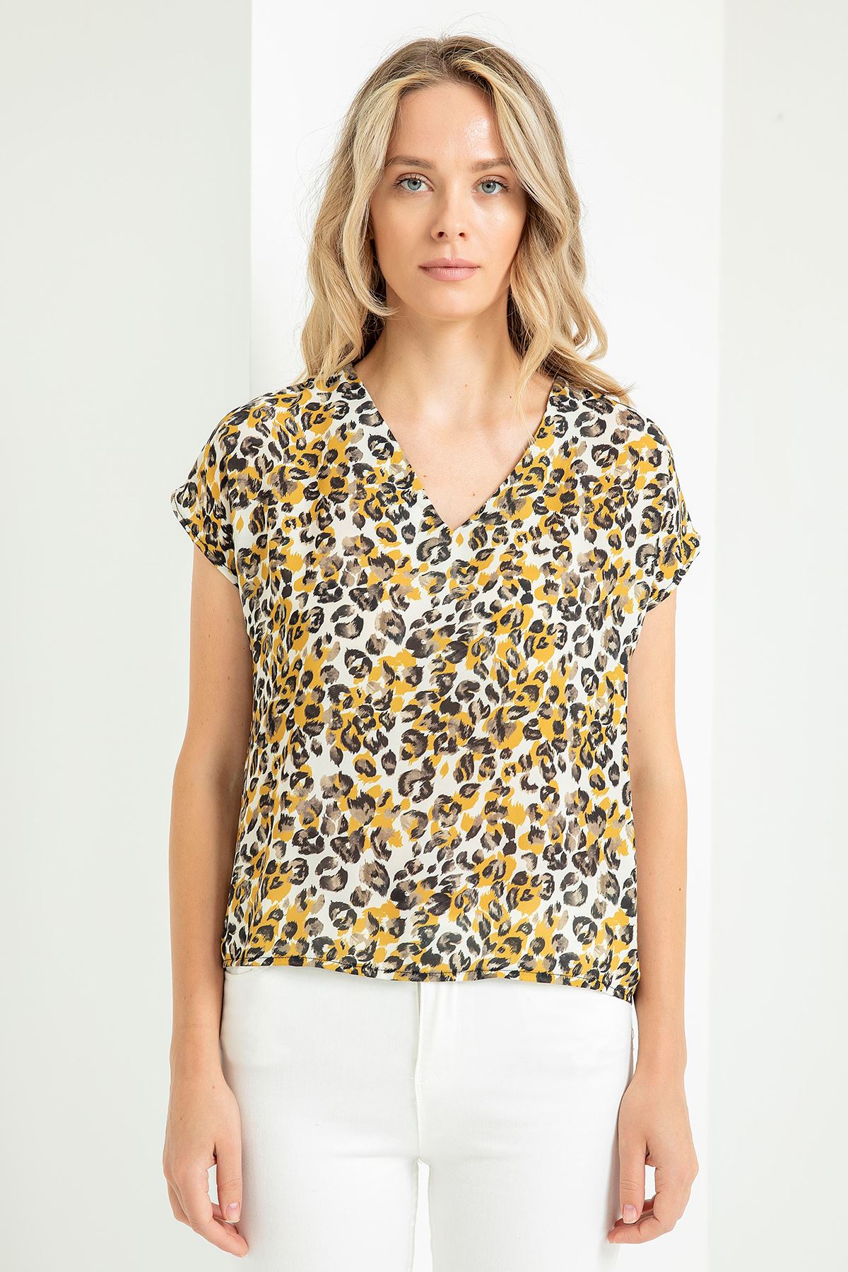 джессика ткань V-образный вырез леопардовая женская блузка - Коричневый
