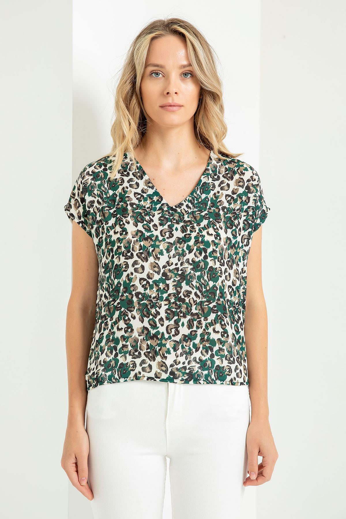 джессика ткань V-образный вырез леопардовая женская блузка - Зелёный