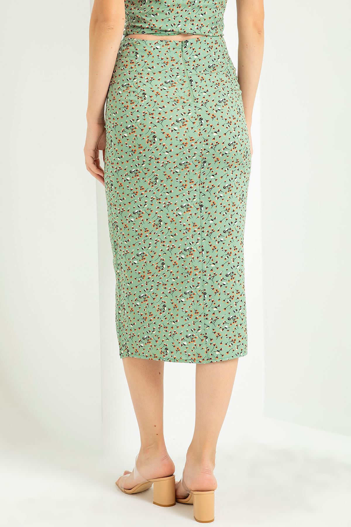 Below Knee Straight Crispy Floral Print Shirred Women'S Skirt - Mint