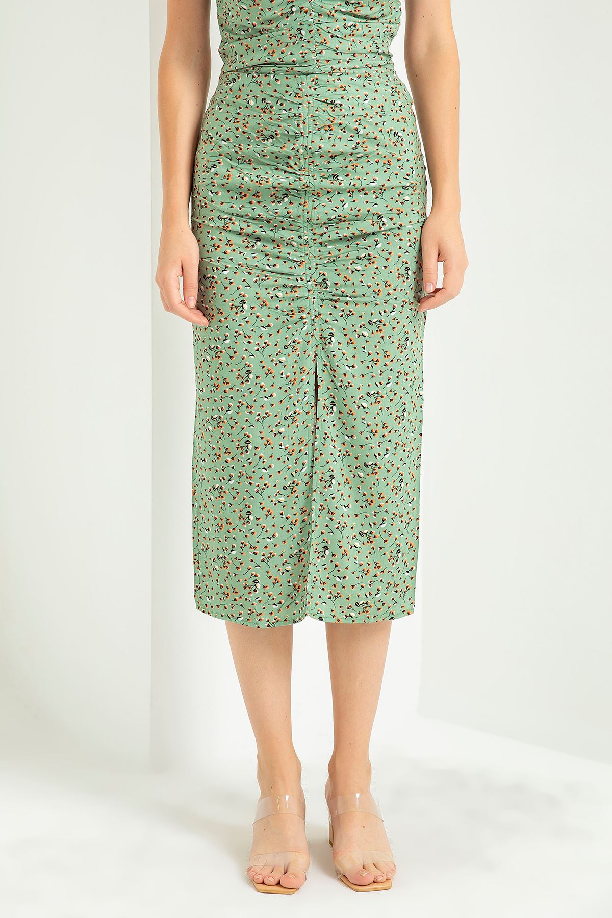 Below Knee Straight Crispy Floral Print Shirred Women'S Skirt - Mint