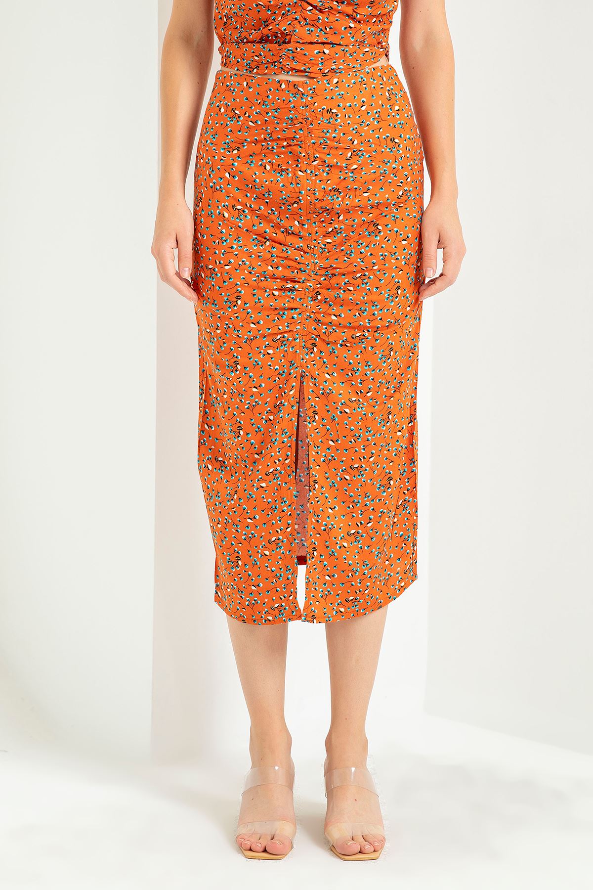 цветочный принтниже колен прямая женская юбка - Оранжевый