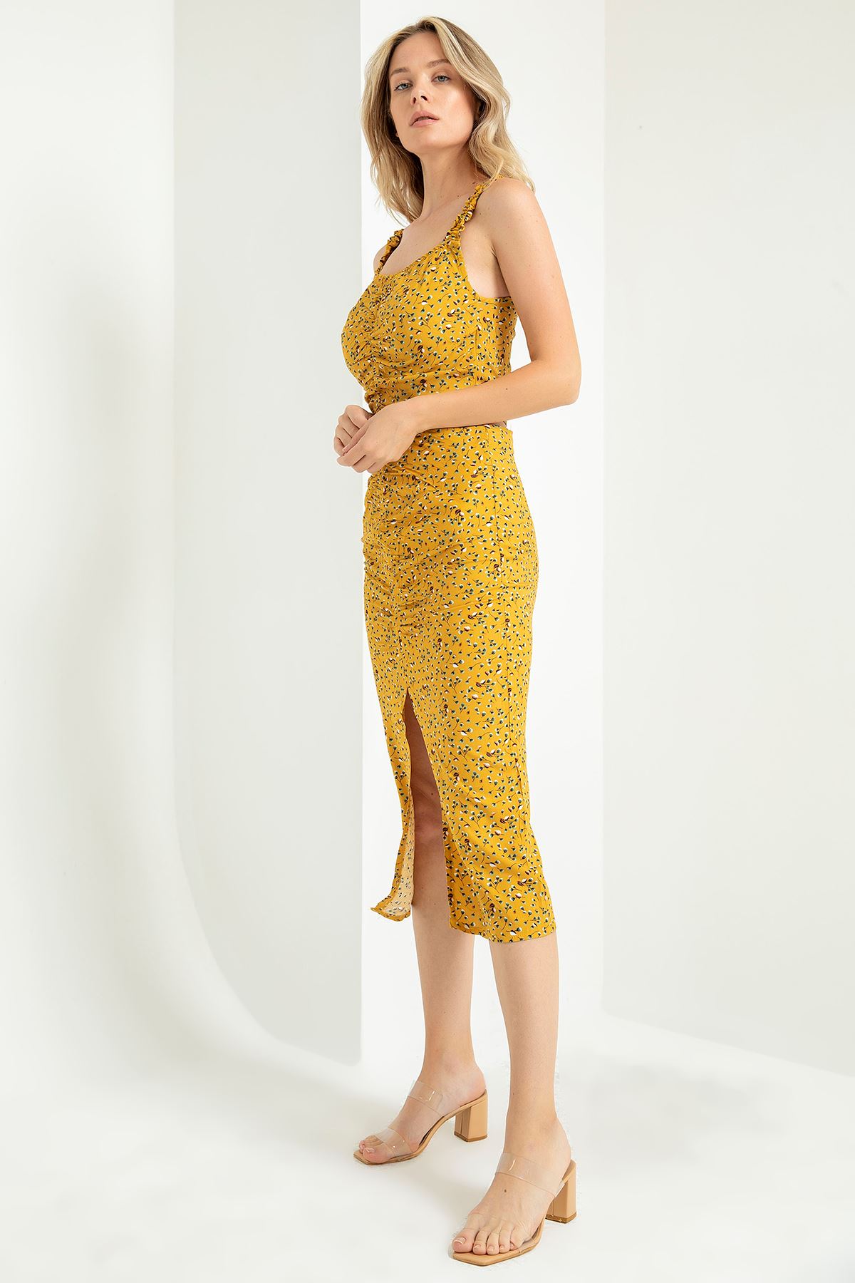 Below Knee Straight Crispy Floral Print Shirred Women'S Skirt - Mustard